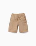 Bermudas largas cargo de sarga con cordón para niño, beige