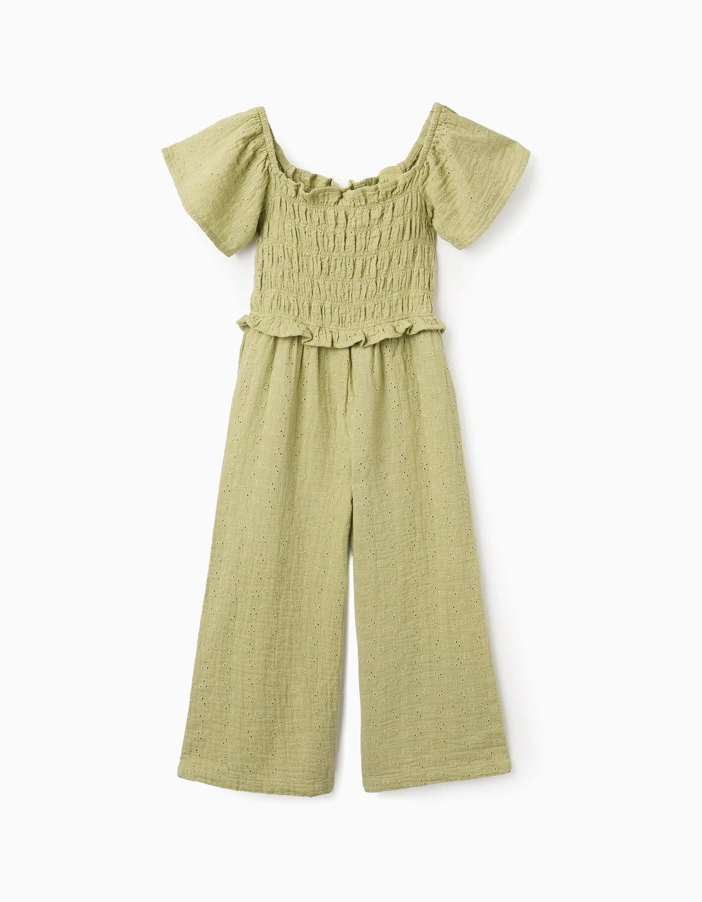 Mono de algodón de pierna ancha con bordado inglés para niña, verde claro