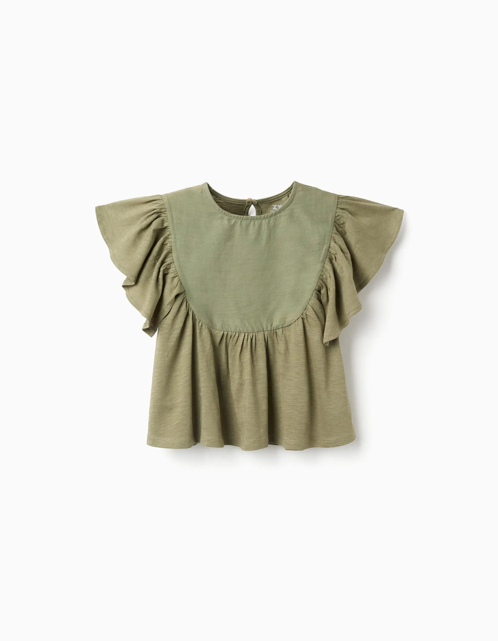 Camiseta de algodón con mangas con volantes para niña, verde oscuro