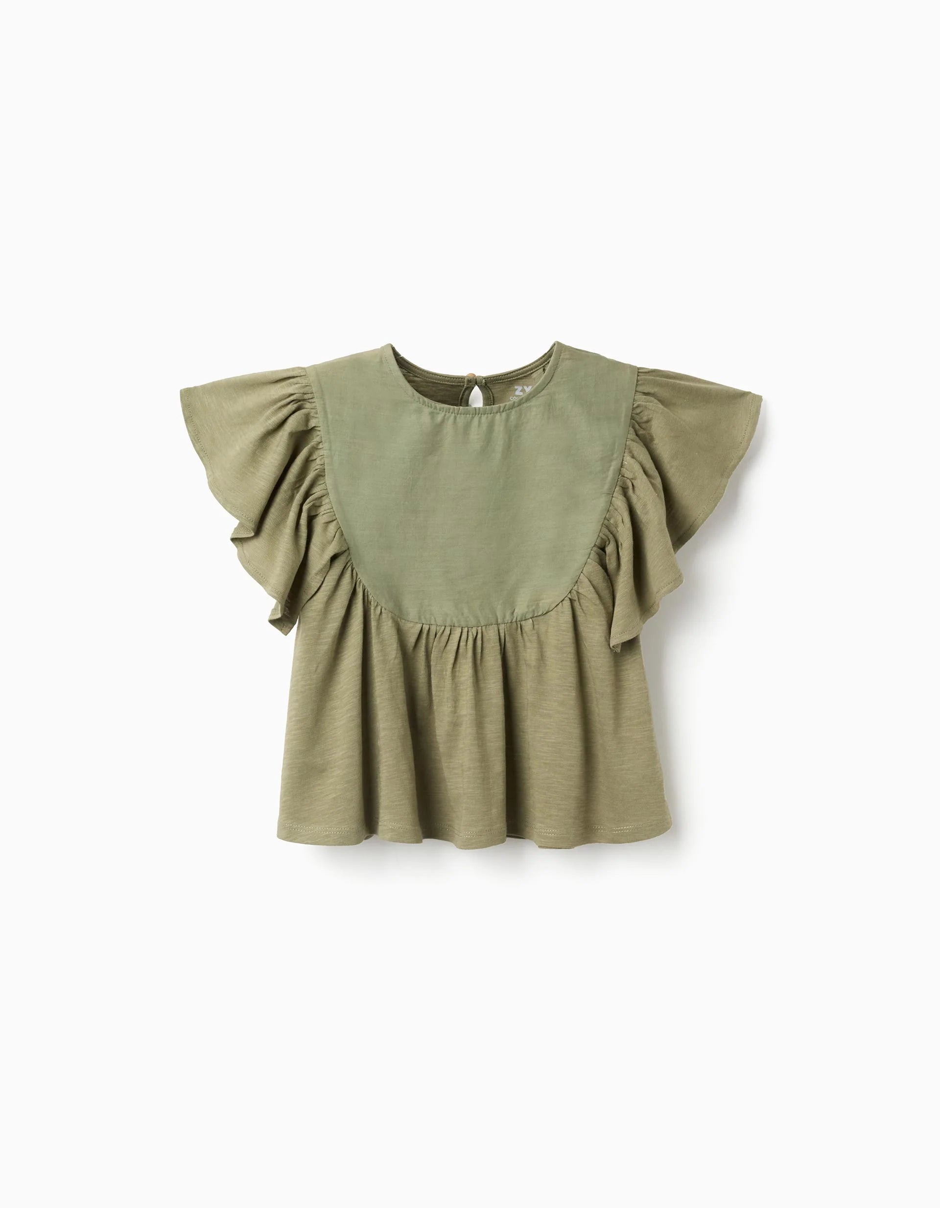 Camiseta de algodón con mangas con volantes para niña, verde oscuro