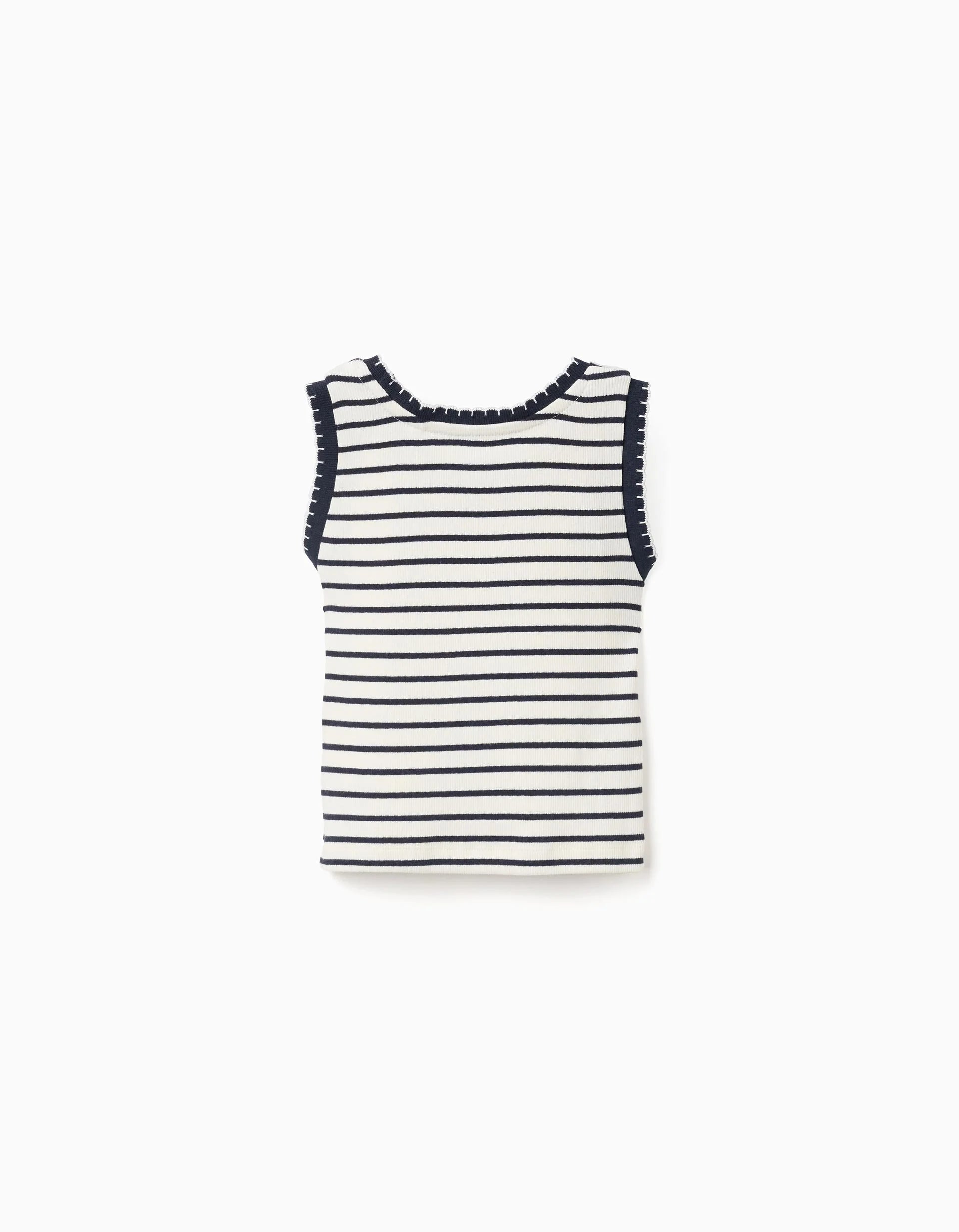 Top sin mangas de algodón acanalado a rayas para niña, blanco/azul