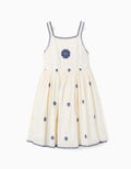 Vestido sin mangas de algodón y lino con flores para niña, beige/azul