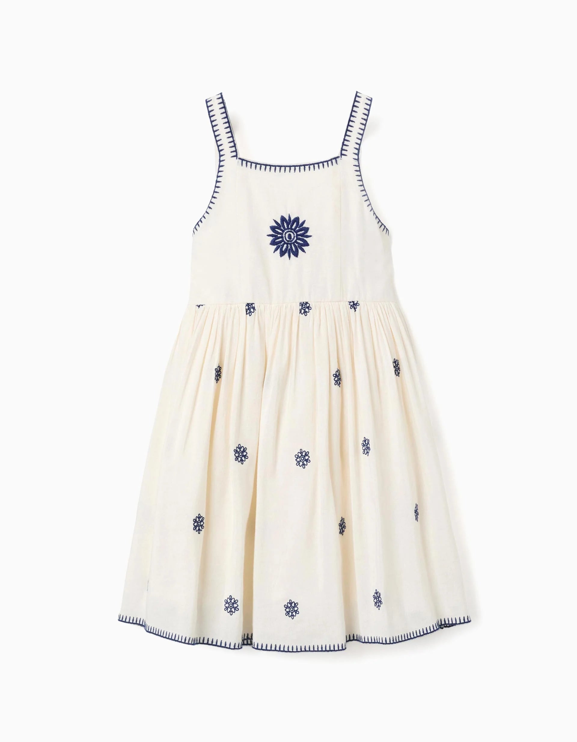 Vestido sin mangas de algodón y lino con flores para niña, beige/azul