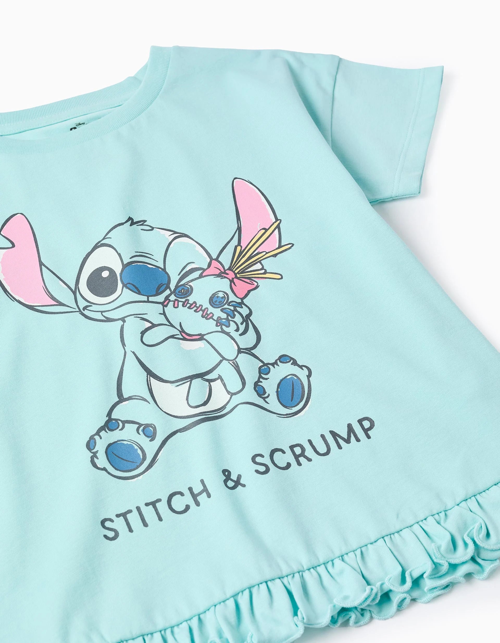 Camiseta de algodón con estampado Stitch y Scrump para niña, azul claro