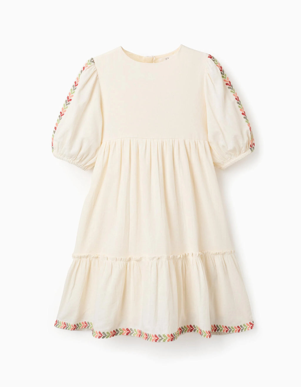 Vestido con mangas abullonadas y bordado para niña, beige claro