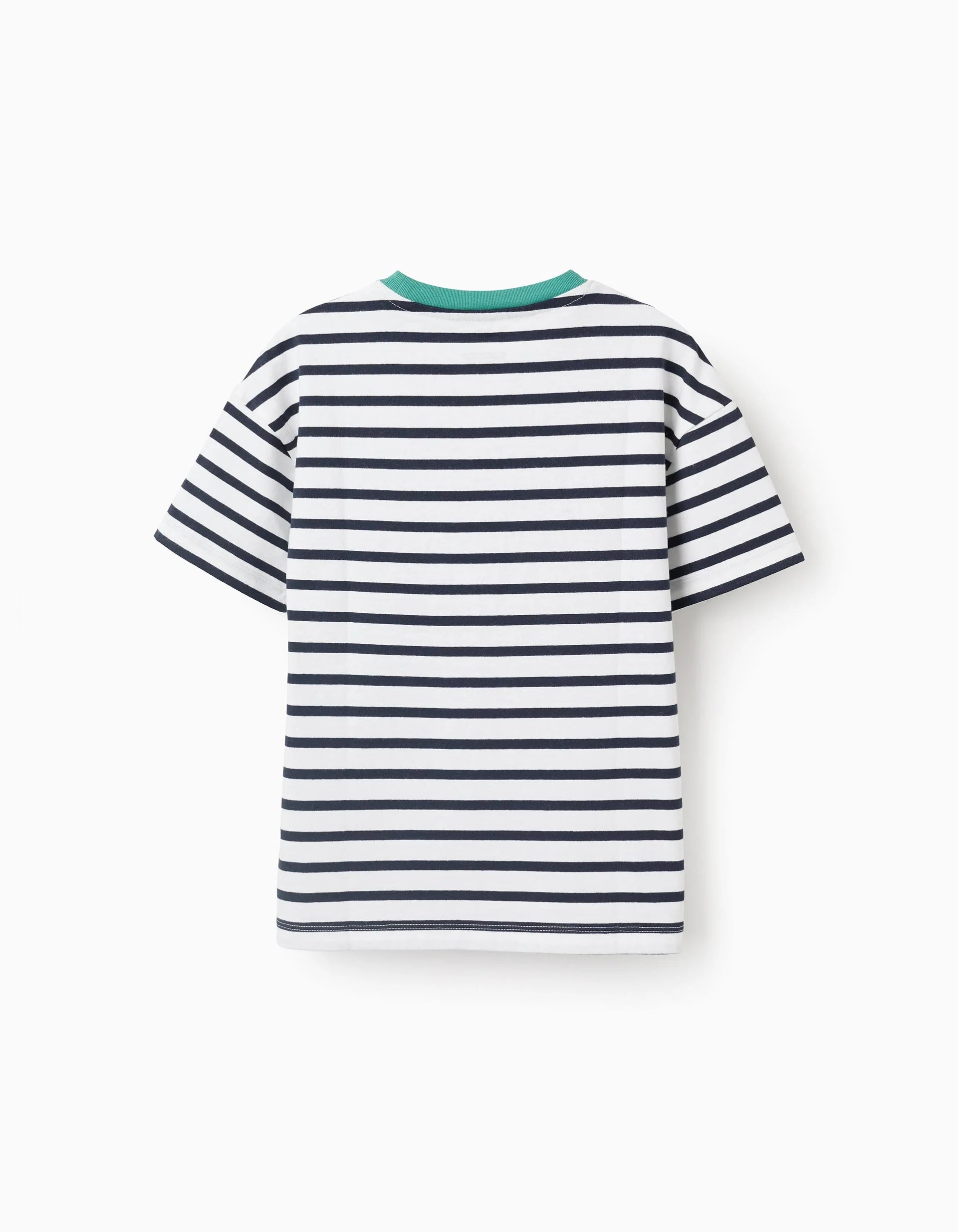 Camiseta de algodón a rayas con estampado para niño, blanco/azul/verde