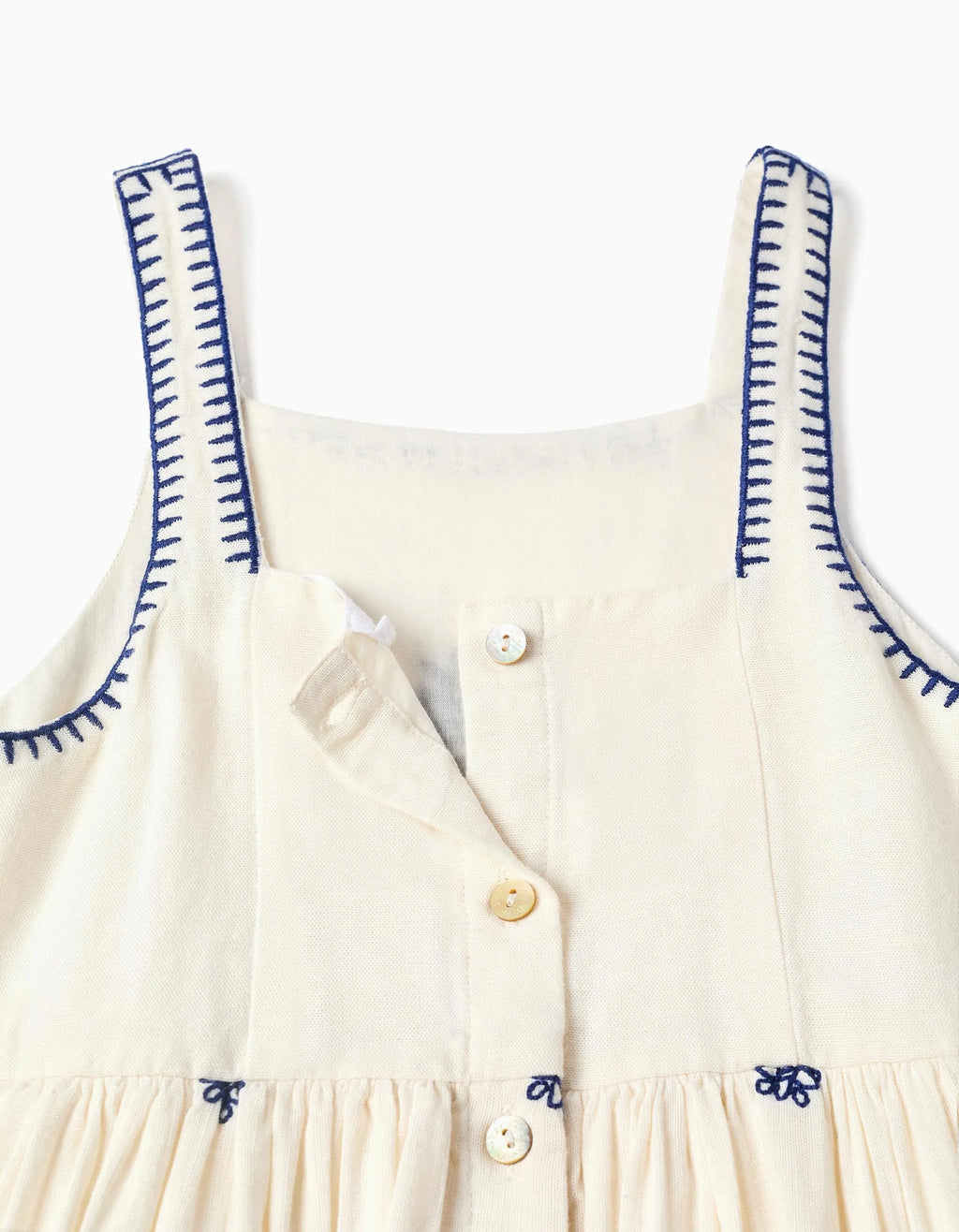 Vestido sin mangas de algodón y lino con flores para niña, beige/azul