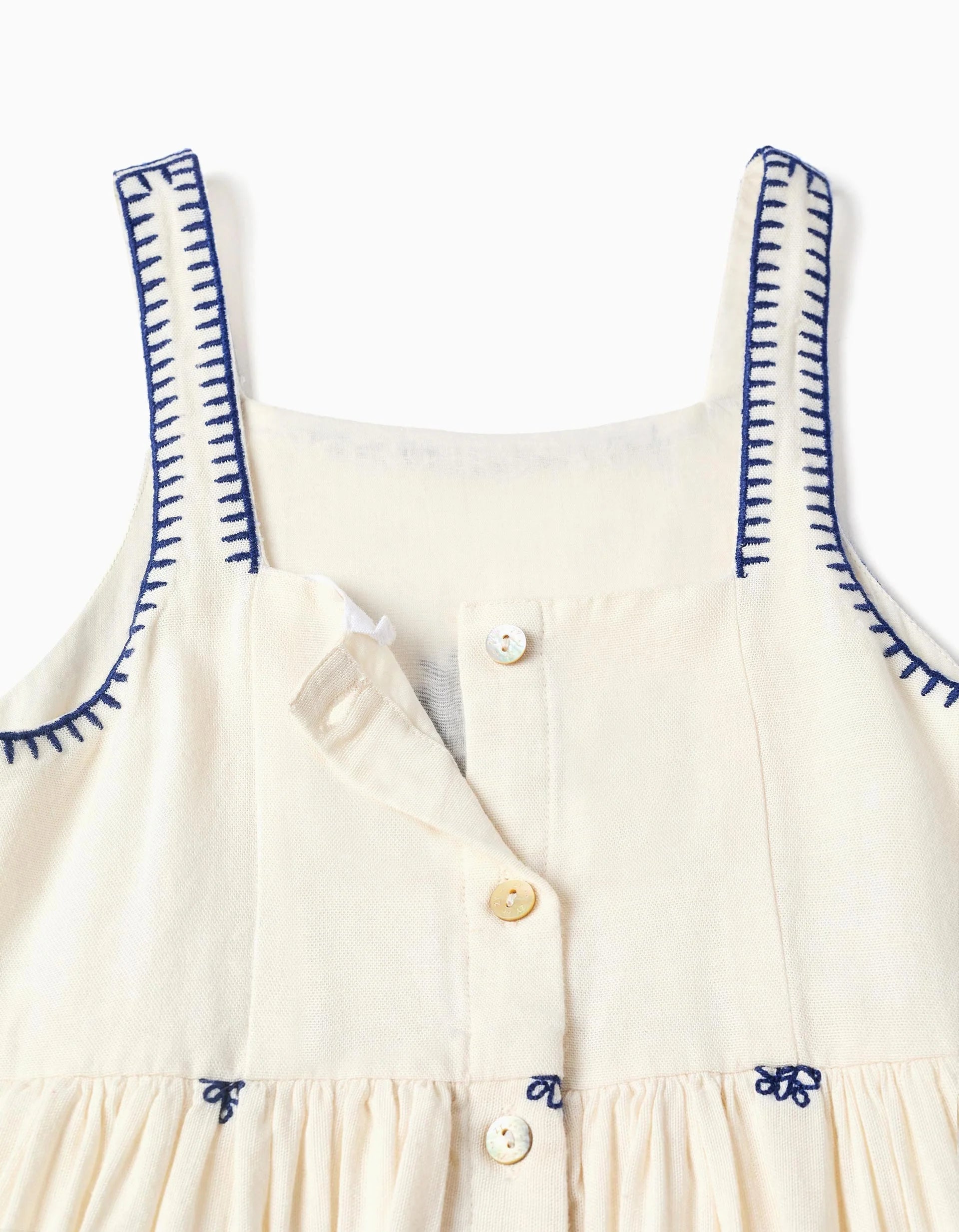 Vestido sin mangas de algodón y lino con flores para niña, beige/azul