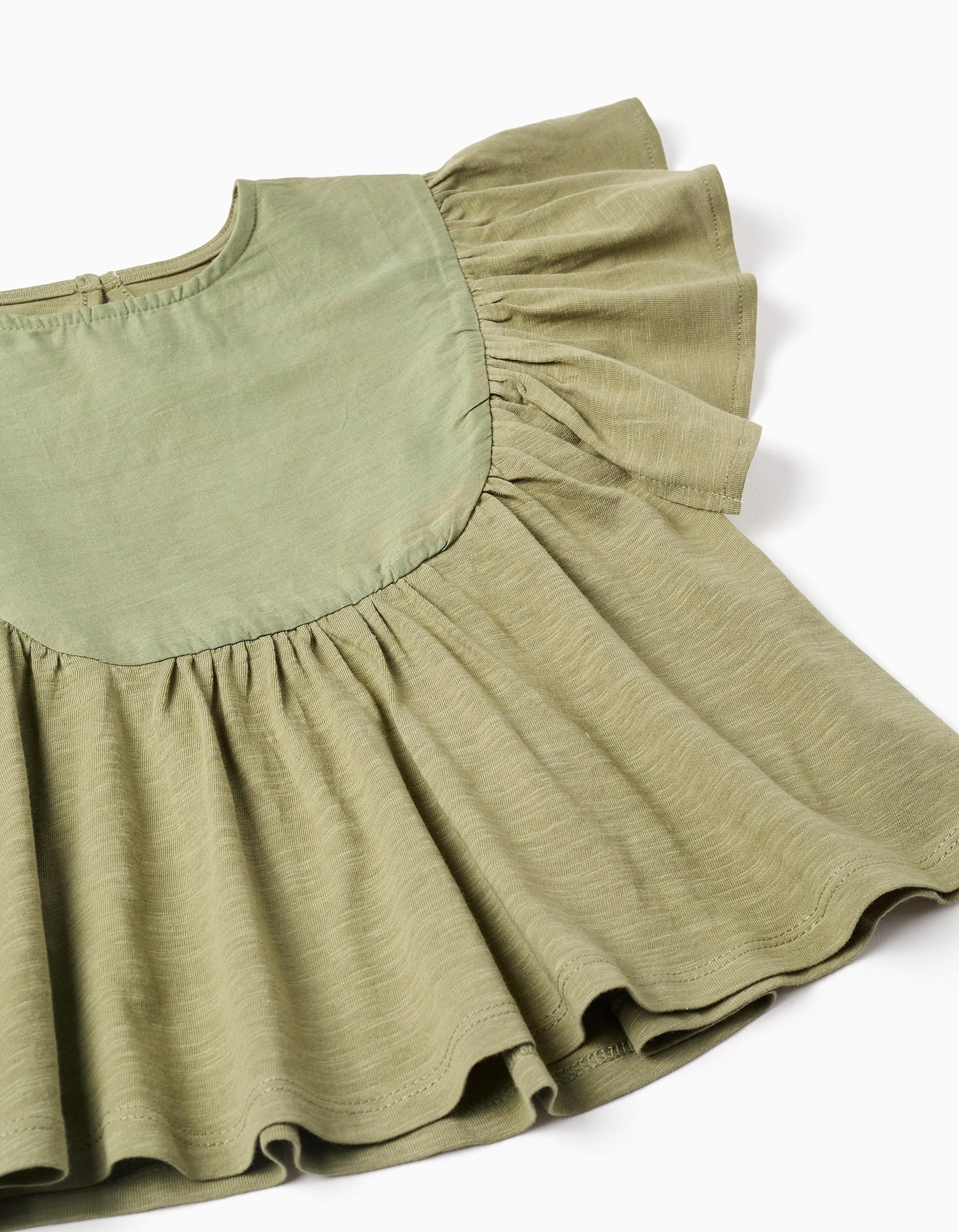 Camiseta de algodón con mangas con volantes para niña, verde oscuro