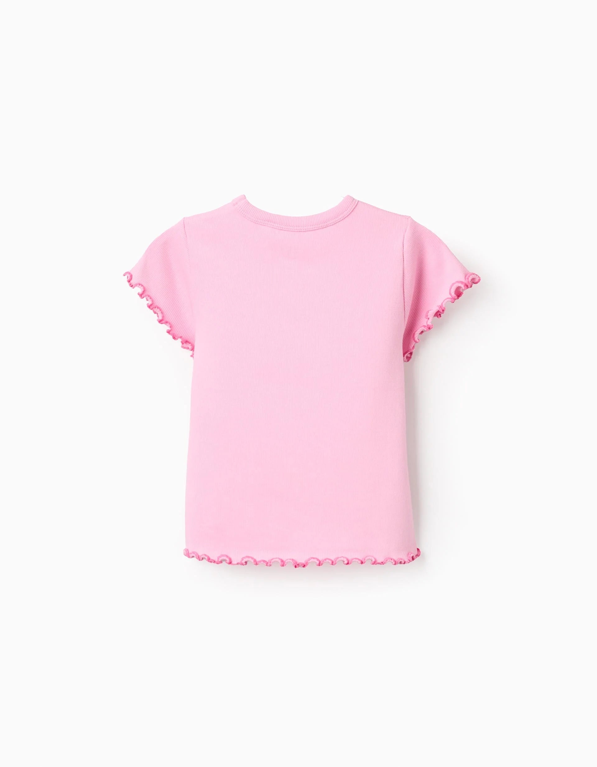 Camiseta de algodón acanalado con extremos ondulados para niña, rosa