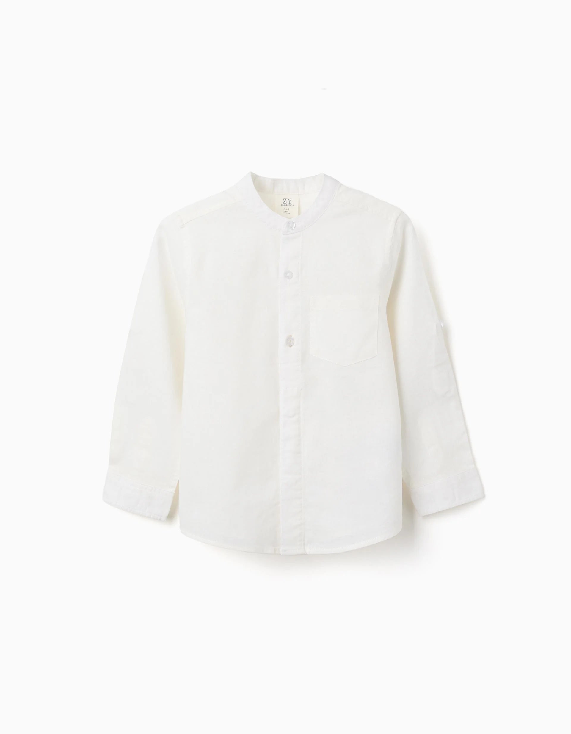 Camisa de manga larga en lino con cuello mao para niño, blanco