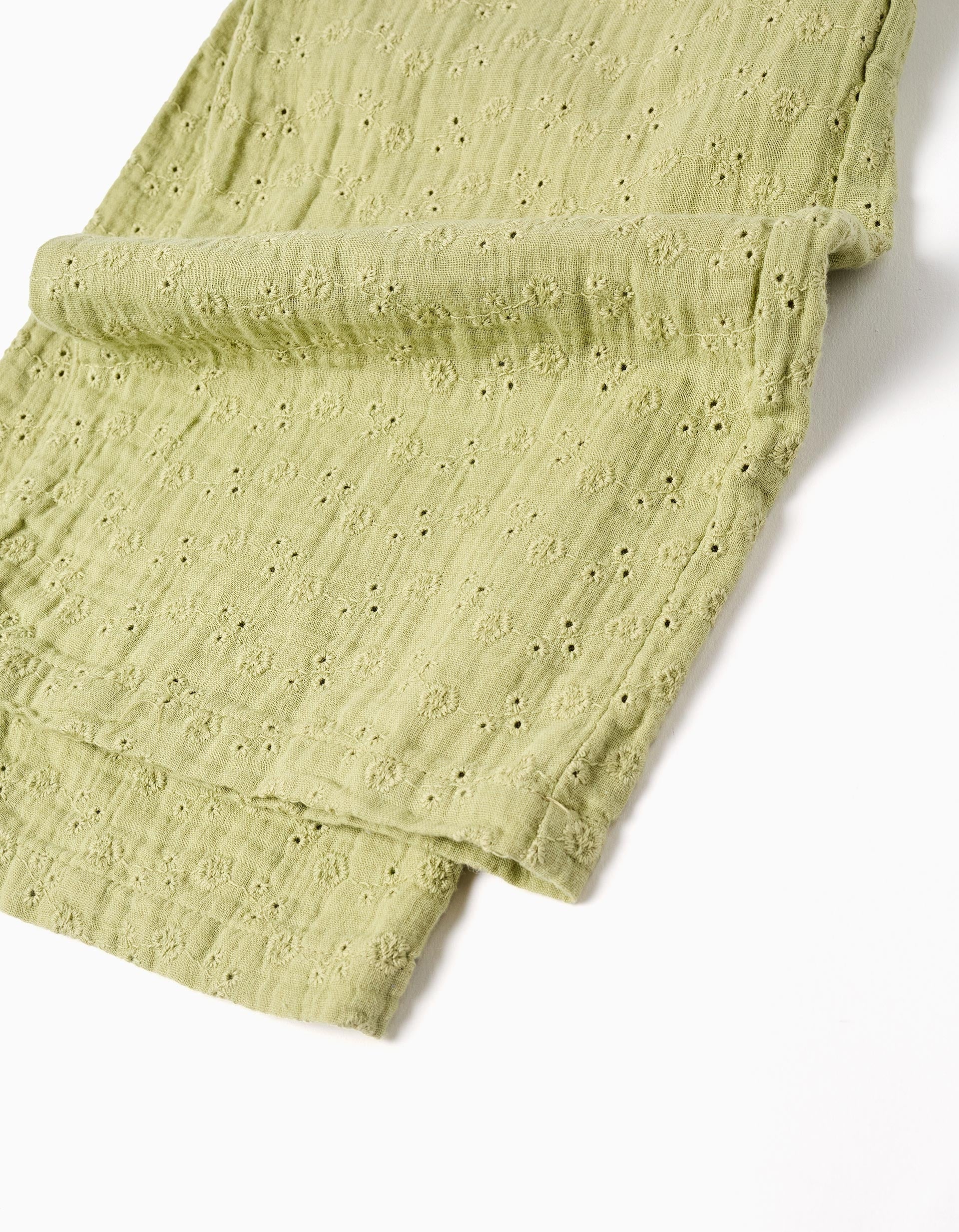 Mono de algodón de pierna ancha con bordado inglés para niña, verde claro