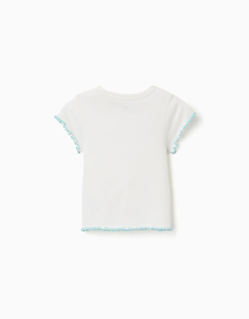 Camiseta acanalada con extremos ondulados para niña, blanco/azul