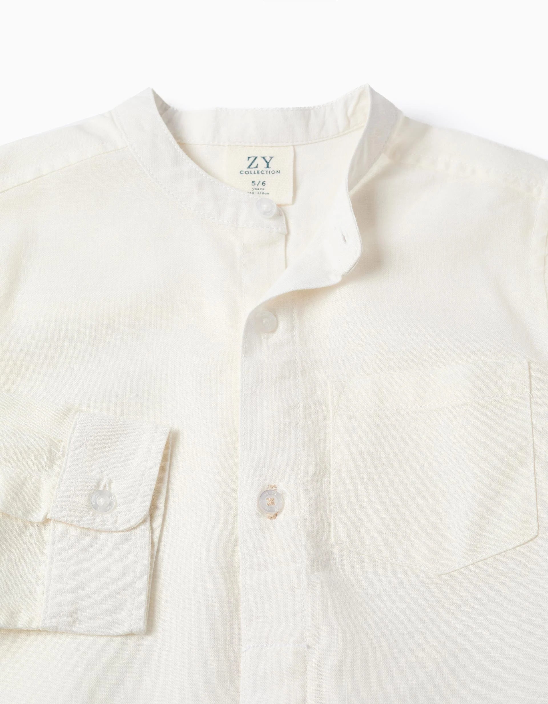 Camisa de manga larga en lino con cuello mao para niño, blanco