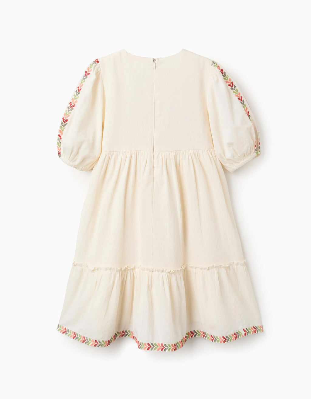 Vestido con mangas abullonadas y bordado para niña, beige claro