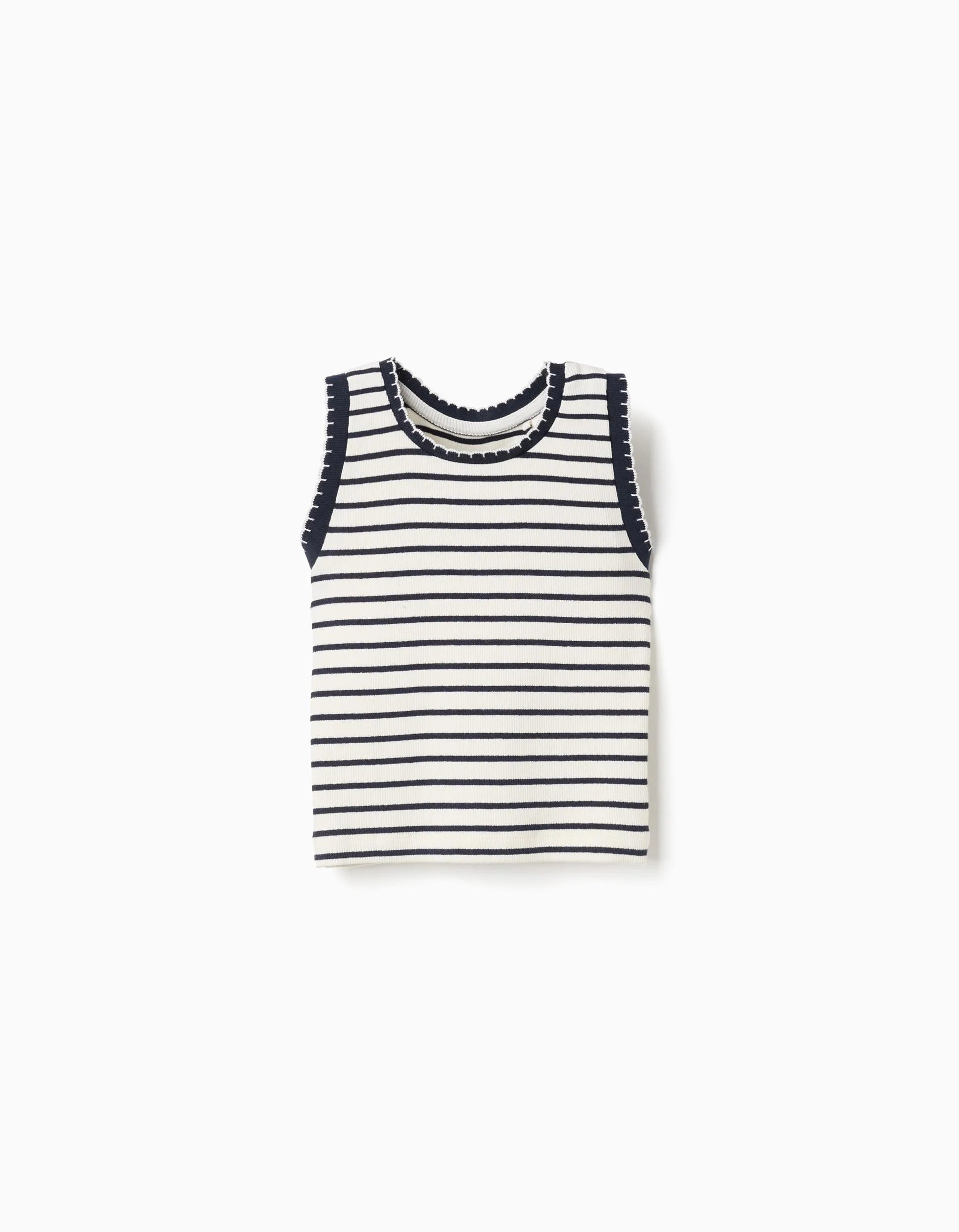 Top sin mangas de algodón acanalado a rayas para niña, blanco/azul