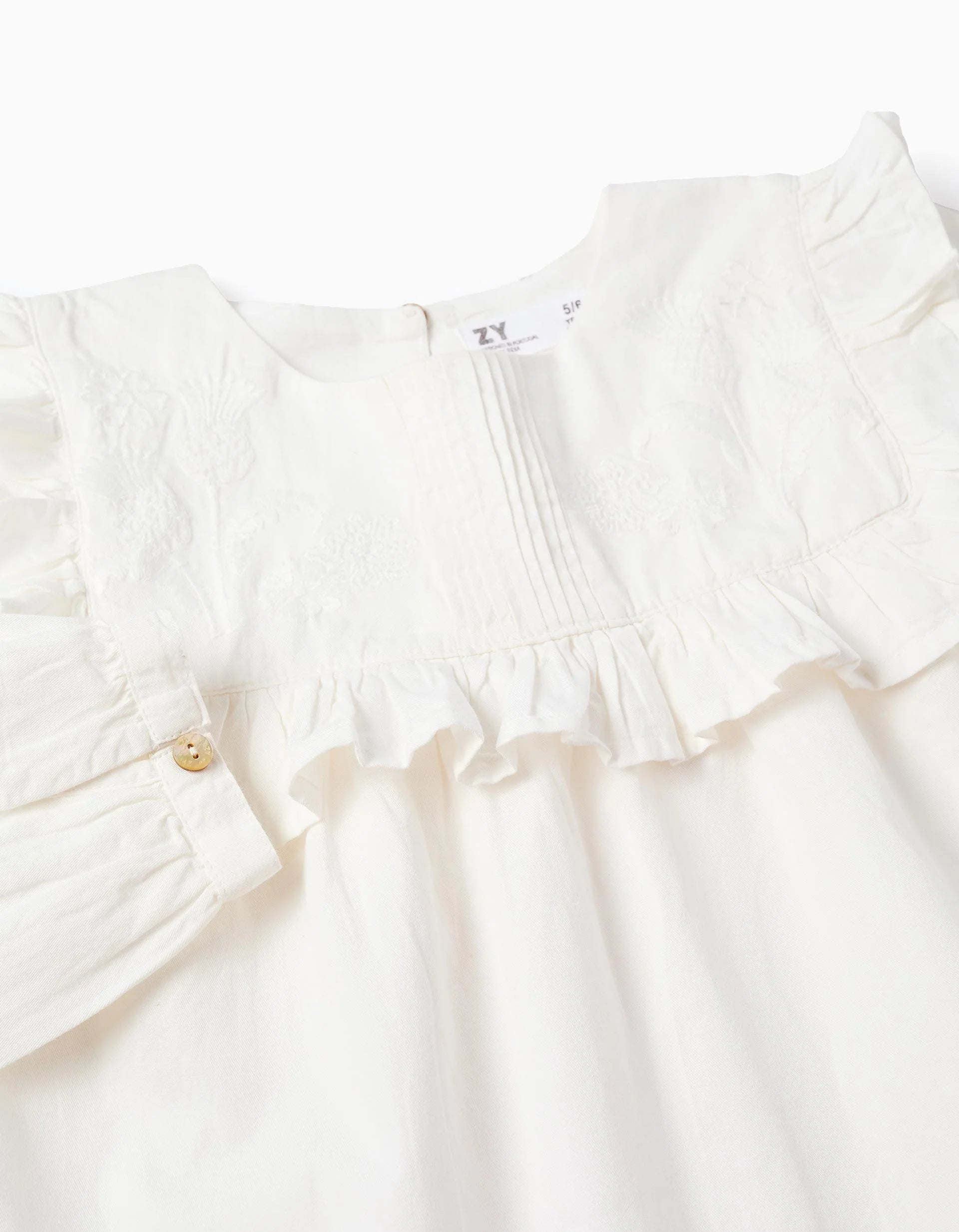 Blusa de Algodón con Volantes y Bordados para Niña, Blanco