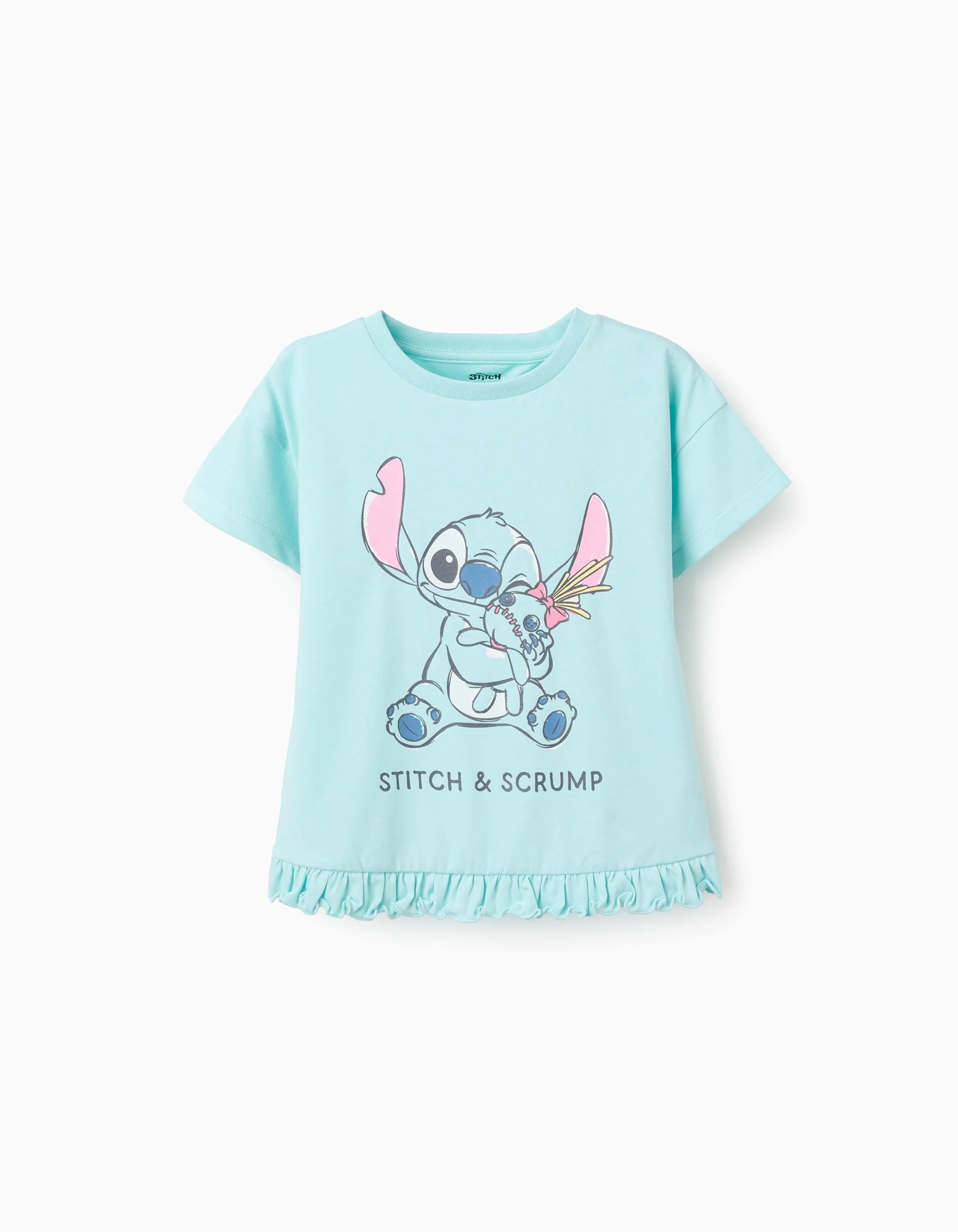 Camiseta de algodón con estampado Stitch y Scrump para niña, azul claro