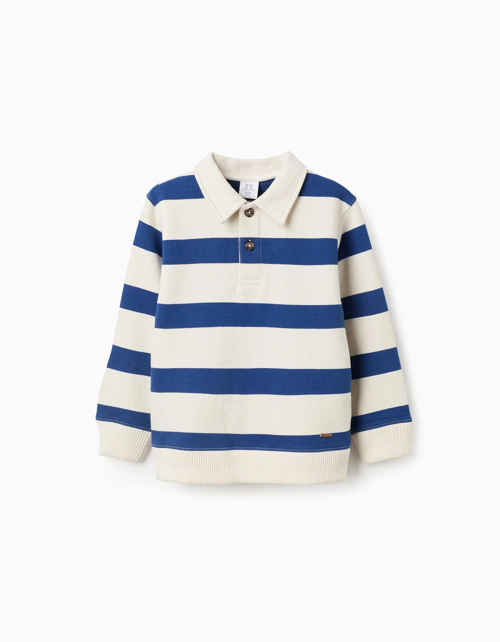 Sudadera de algodón a rayas con cuello polo para niño, blanco/azul