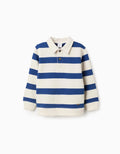 Sudadera de algodón a rayas con cuello polo para niño, blanco/azul