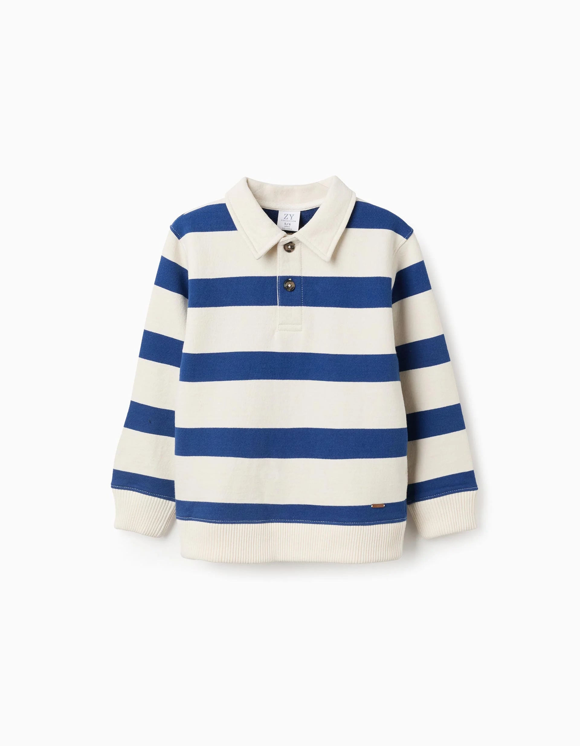 Sudadera de algodón a rayas con cuello polo para niño, blanco/azul