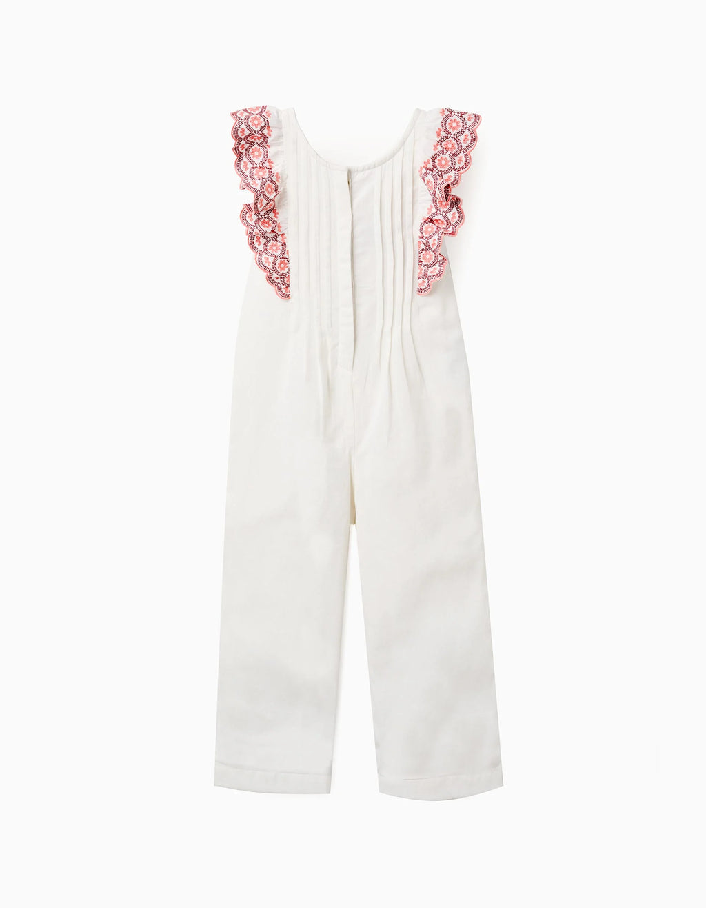 Mono de algodón de pierna ancha con volantes para niña, blanco/rosa