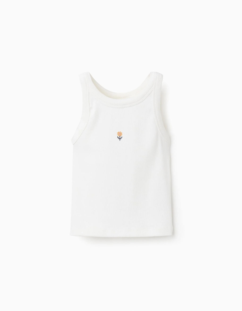 Camiseta acanalada sin mangas con flor bordada para niña, blanco
