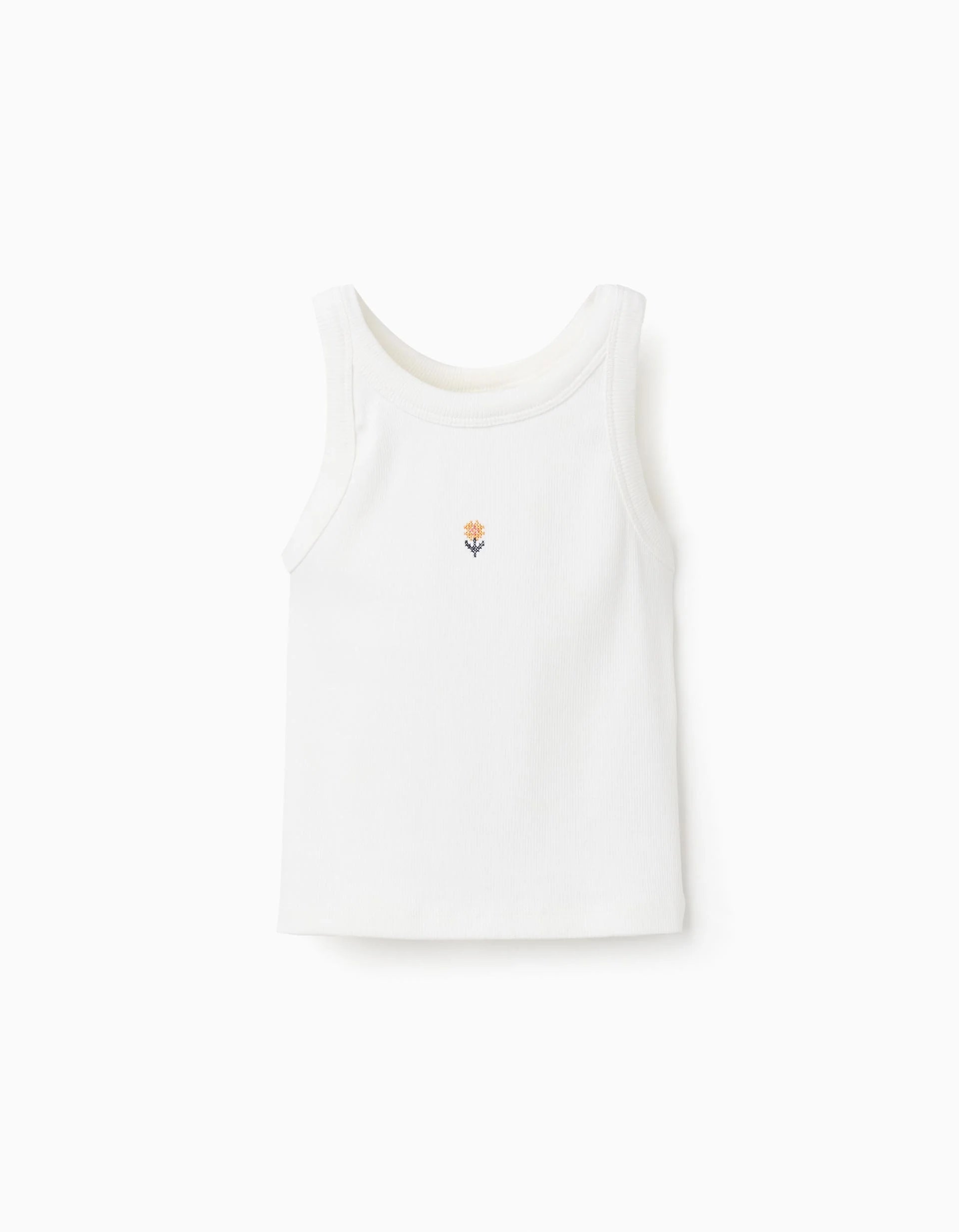 Camiseta acanalada sin mangas con flor bordada para niña, blanco