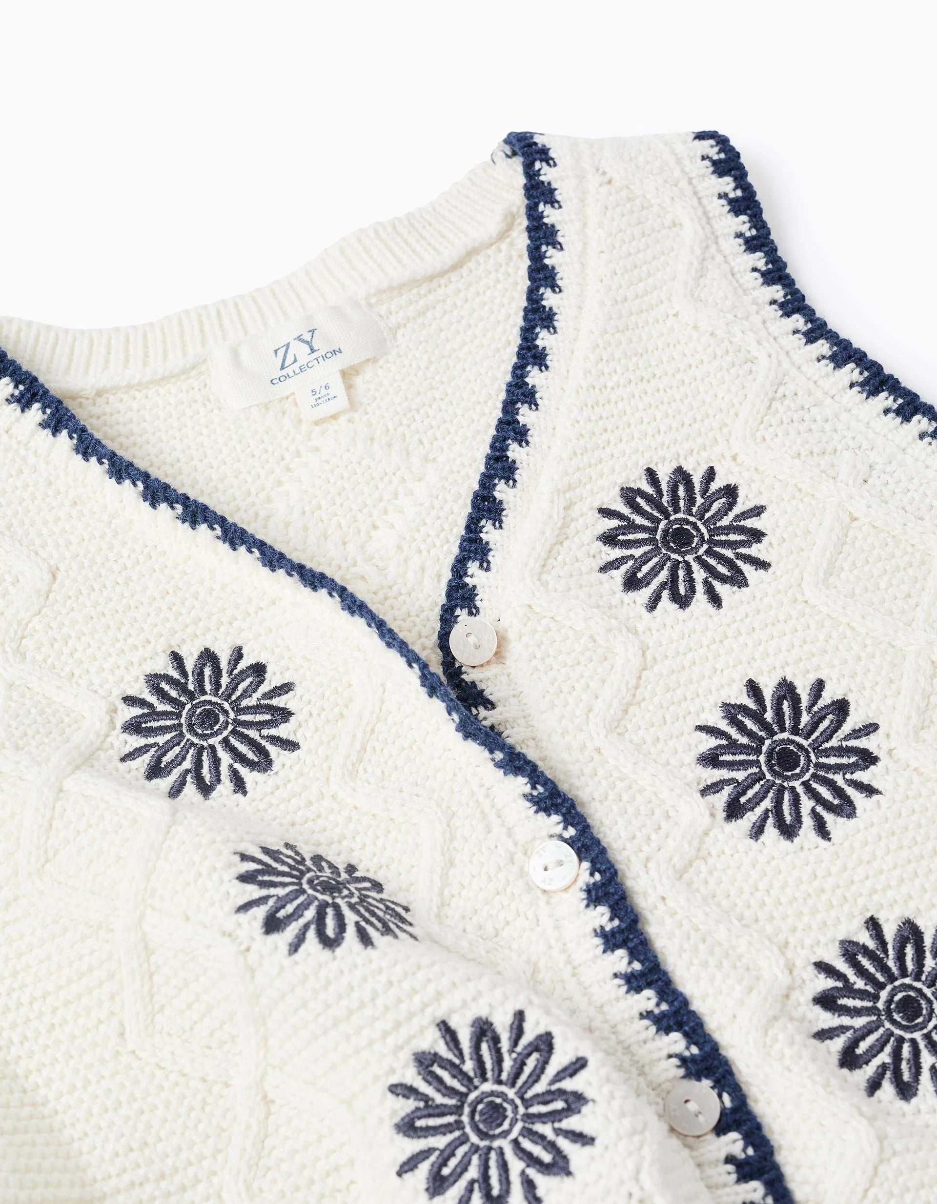 Chaleco de punto con flores bordadas para niña, blanco/azul oscuro
