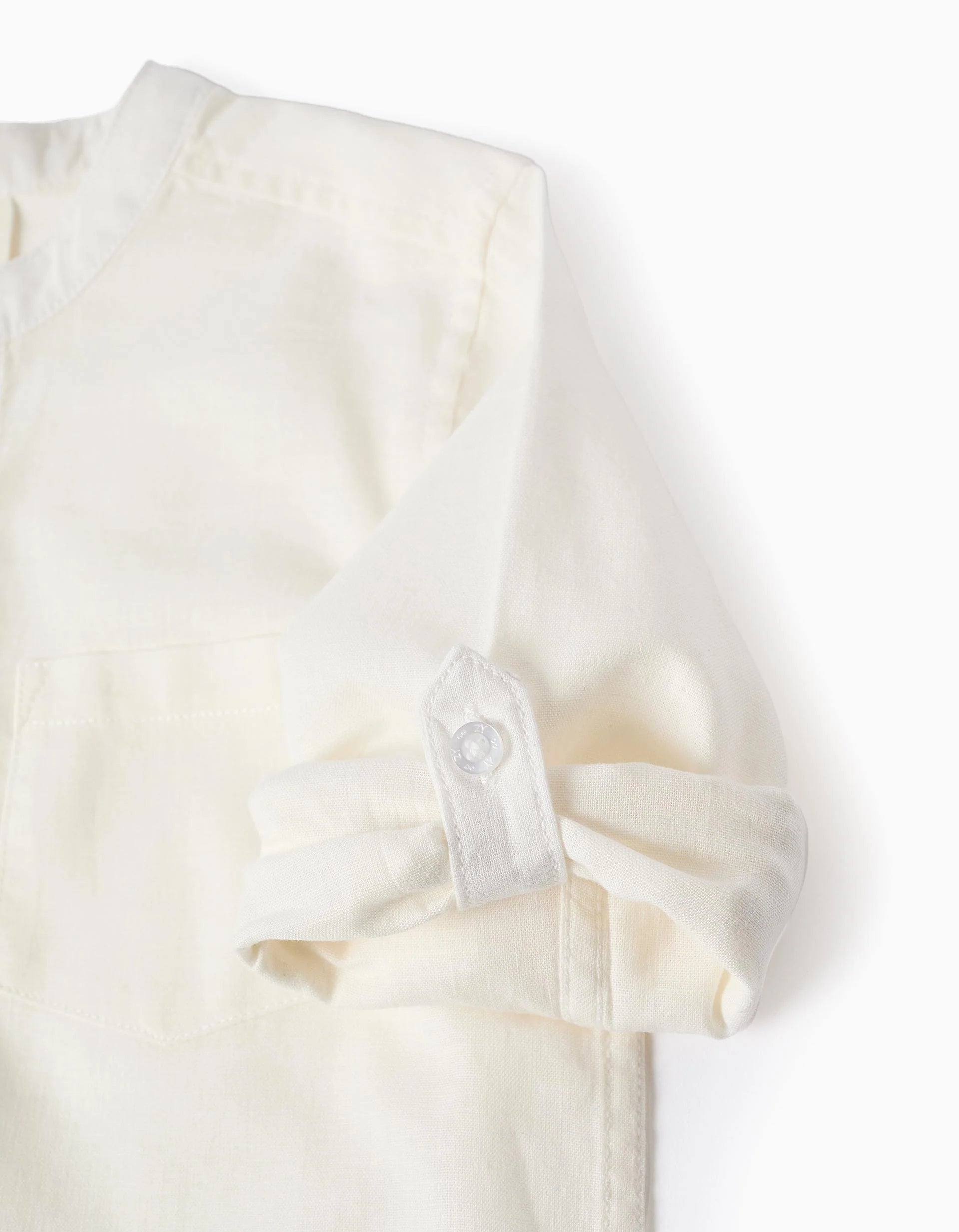 Camisa de manga larga en lino con cuello mao para niño, blanco