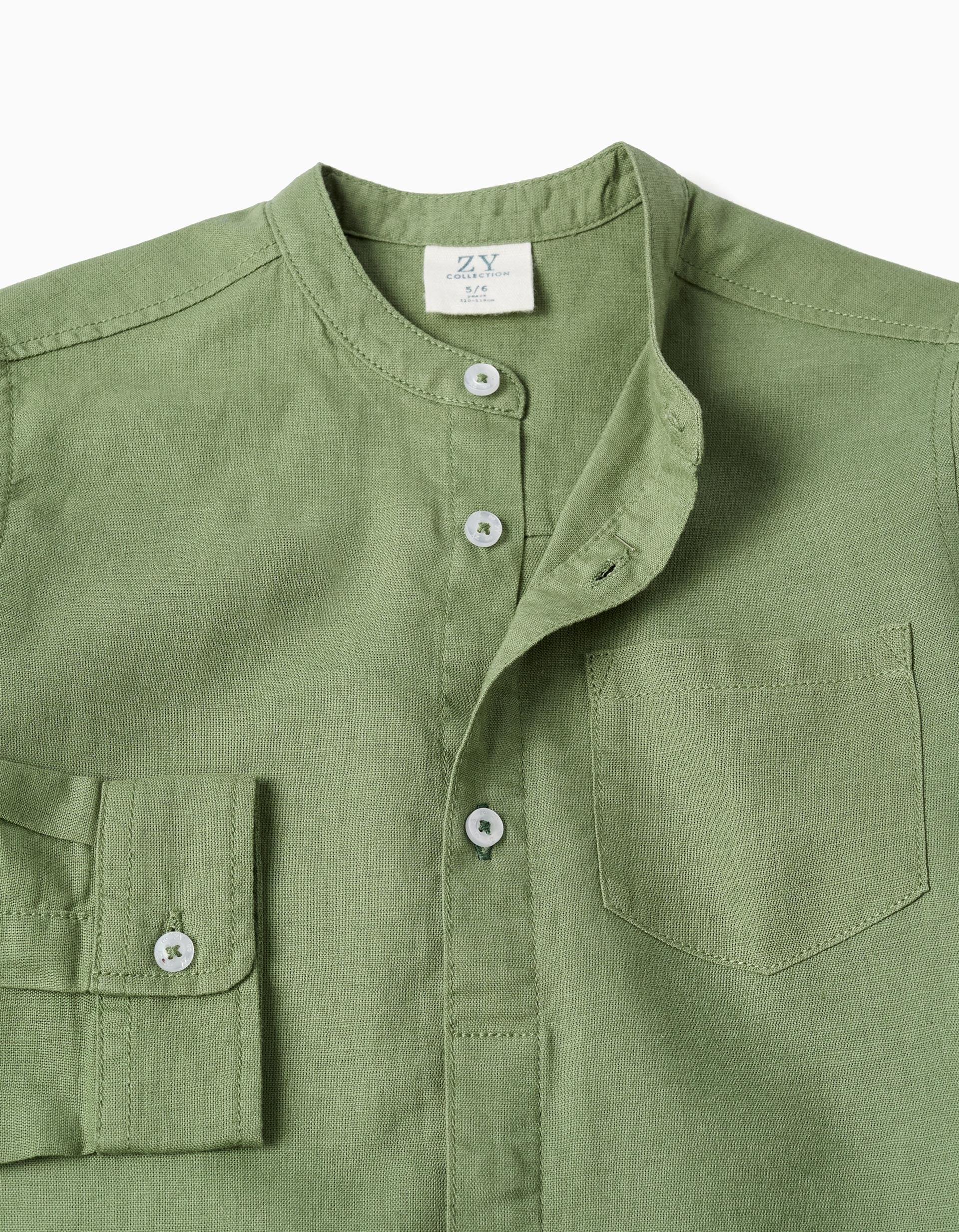 Camisa de manga larga en lino con cuello mao para niño, verde