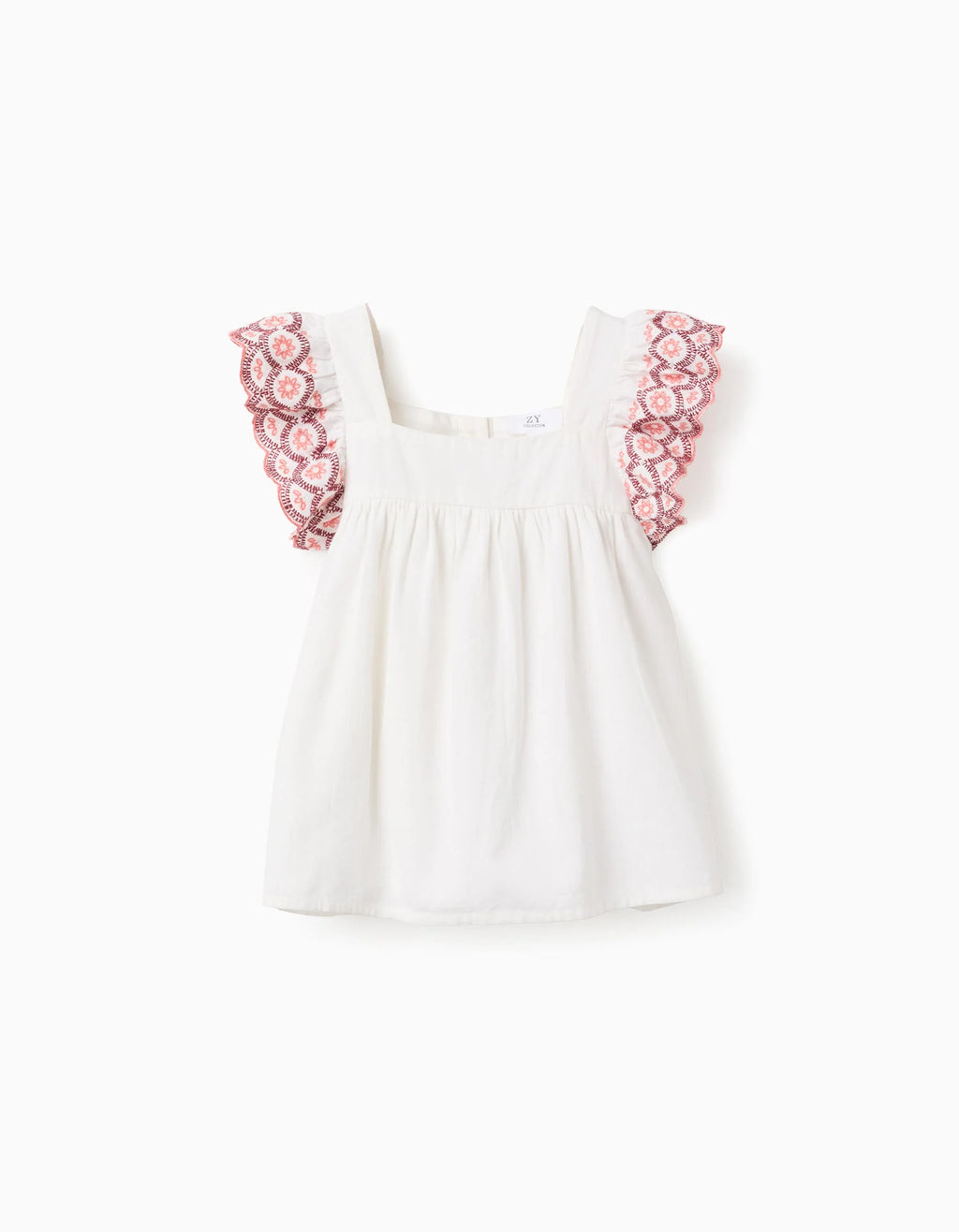 Blusa de lino y algodón con volantes para niña, blanco/rosa