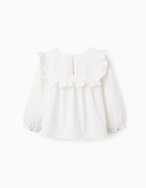 Blusa de Algodón con Volantes y Bordados para Niña, Blanco
