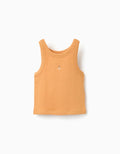 Camiseta acanalada sin mangas con flor bordada para niña, mostaza