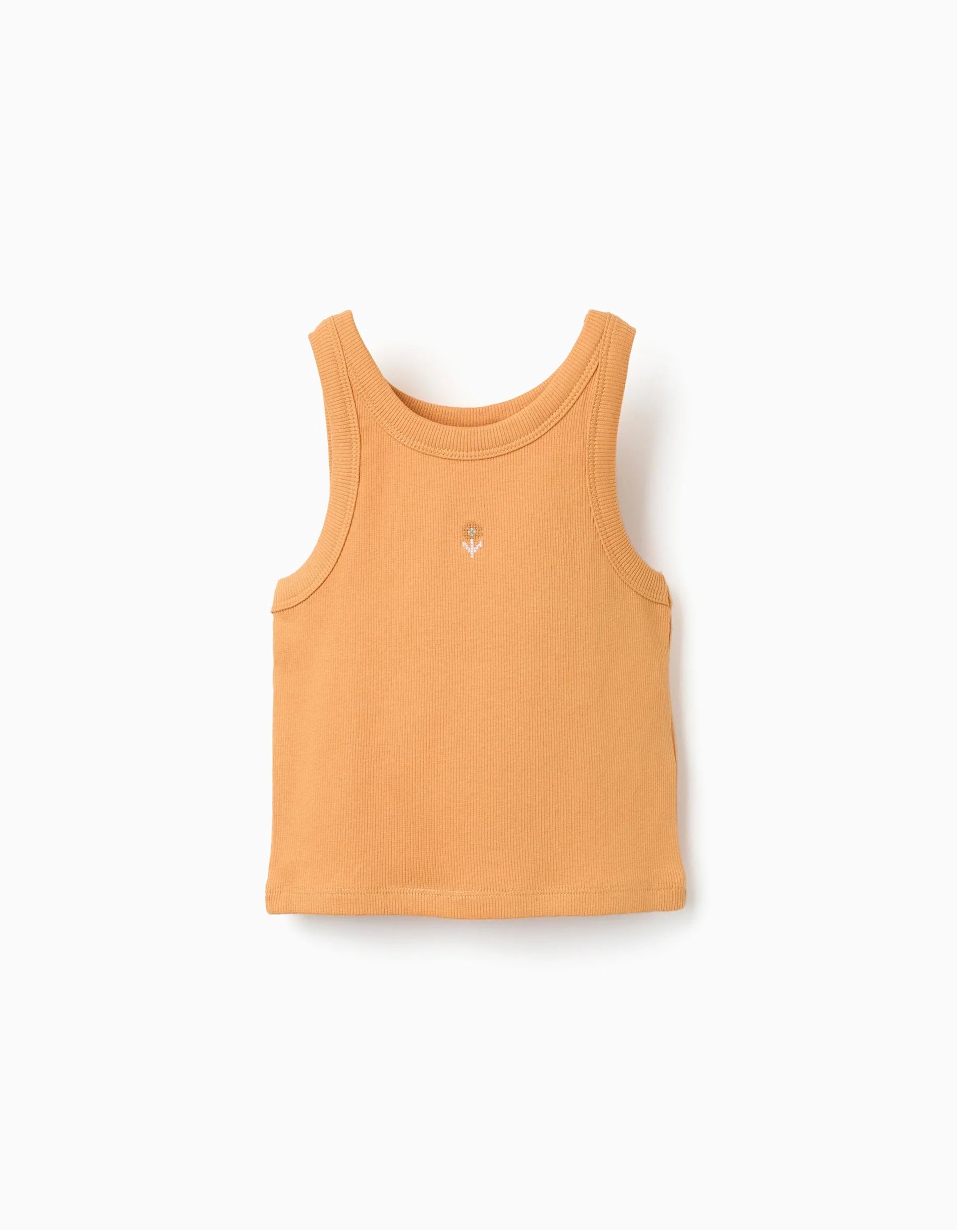 Camiseta acanalada sin mangas con flor bordada para niña, mostaza