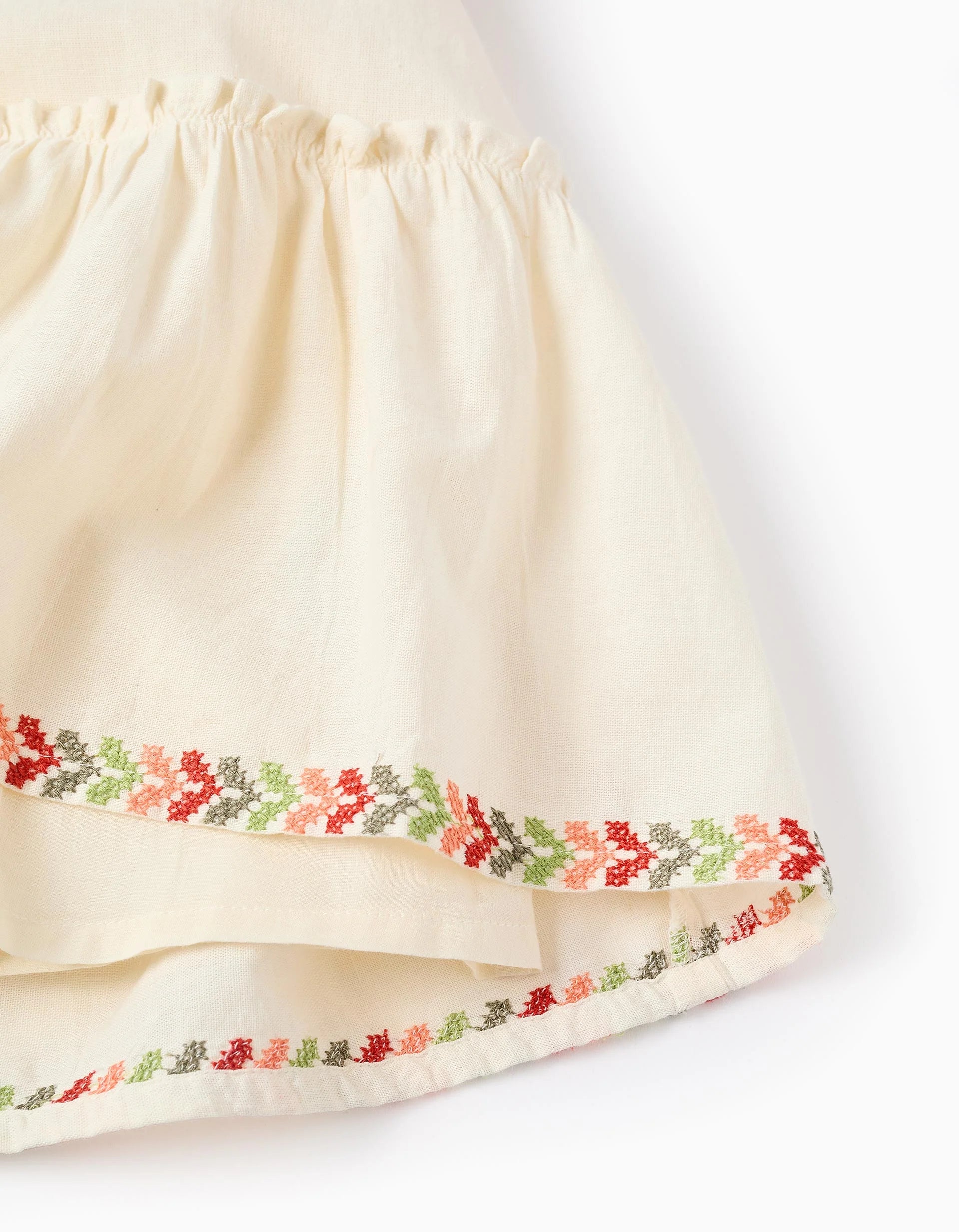 Vestido con mangas abullonadas y bordado para niña, beige claro