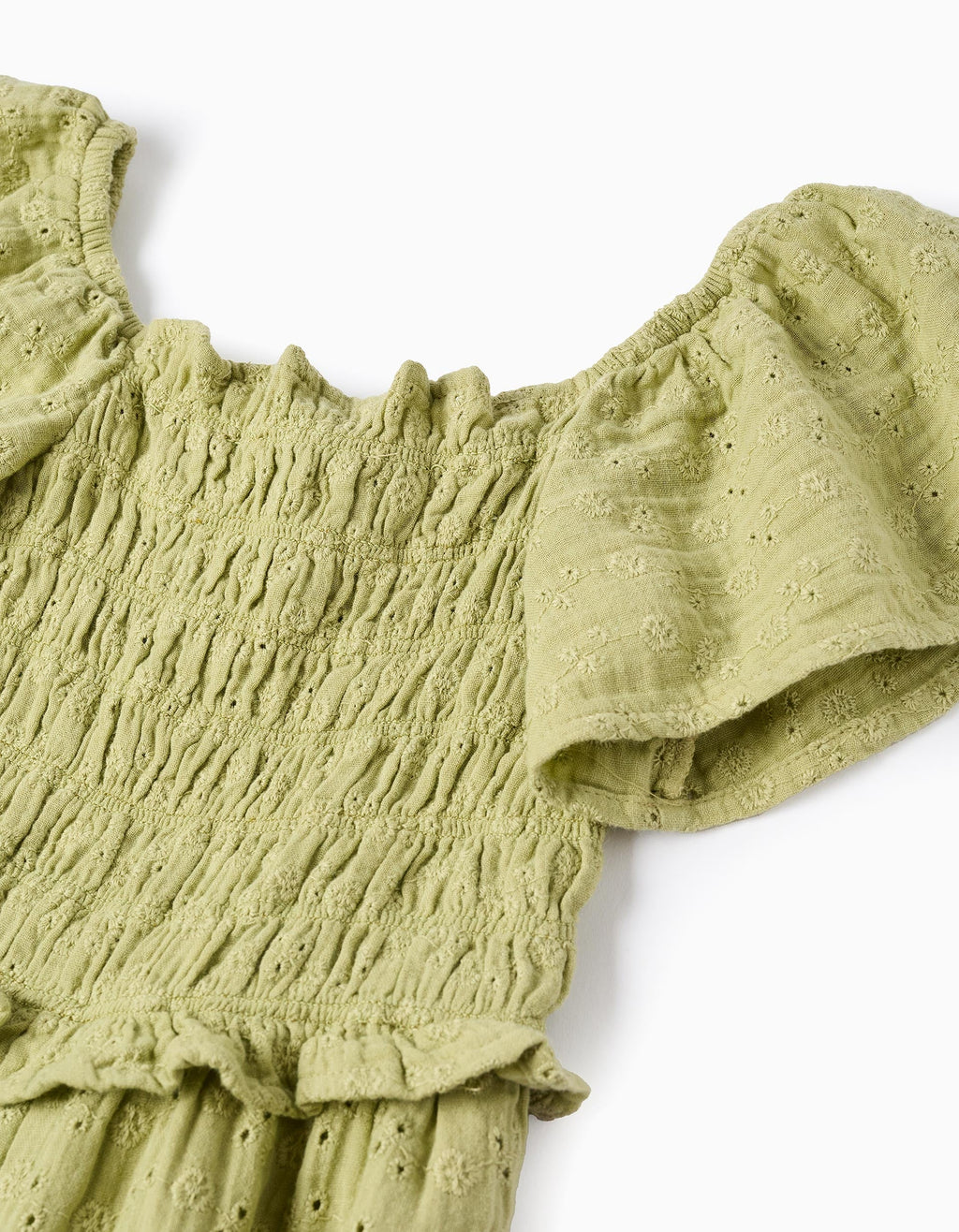 Mono de algodón de pierna ancha con bordado inglés para niña, verde claro