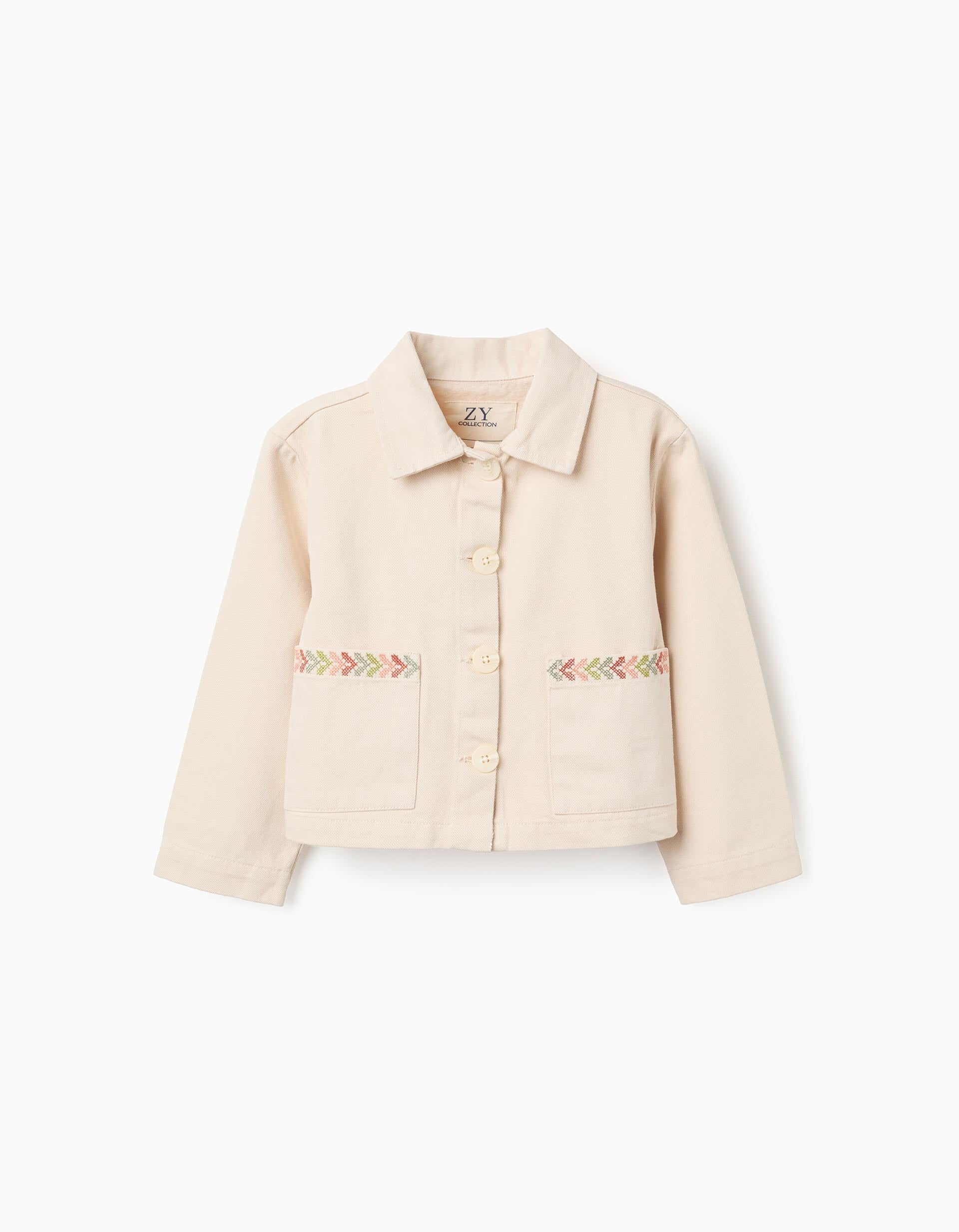 Chaqueta de sarga con bordados en punto de cruz para niña, beige claro