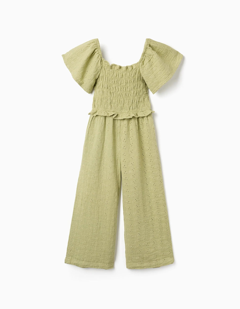 Mono de algodón de pierna ancha con bordado inglés para niña, verde claro