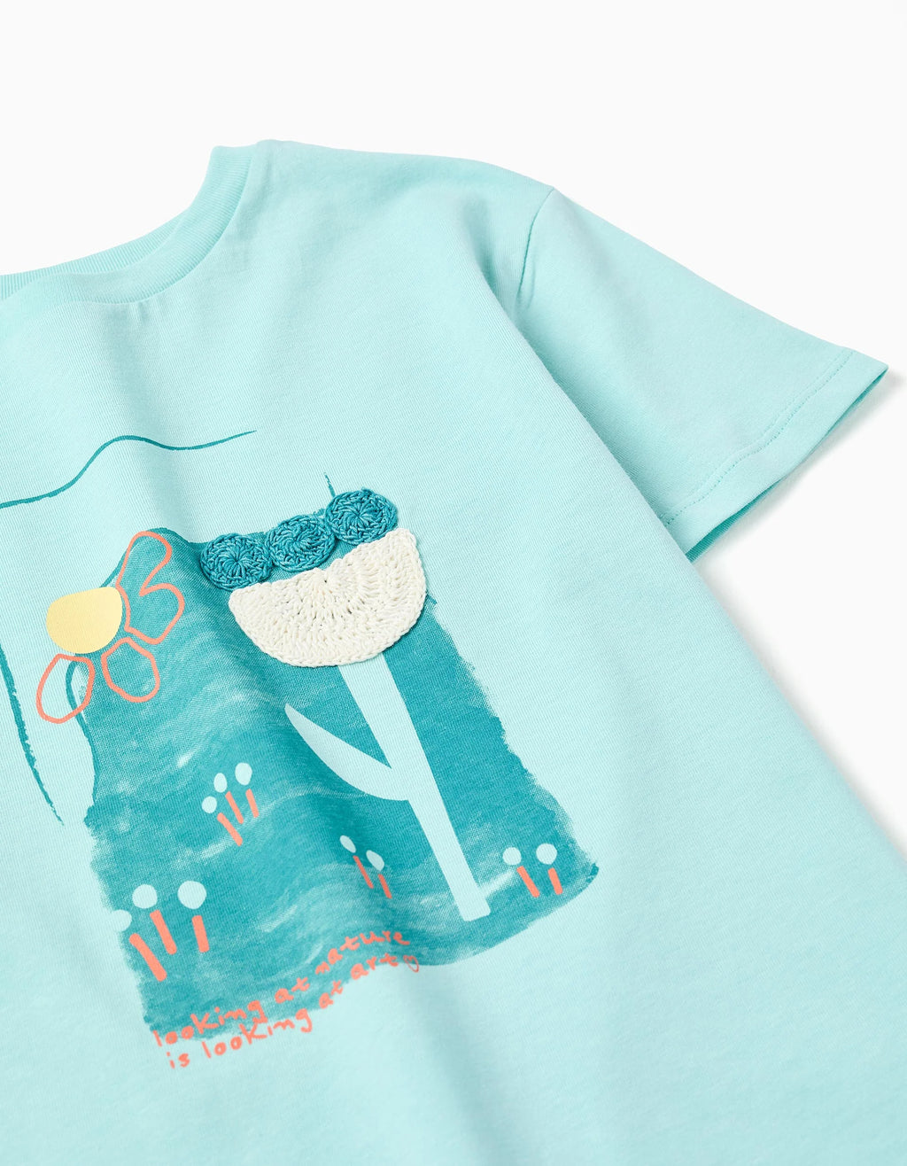 Camiseta de algodón con estampado y croché para niña, azul claro