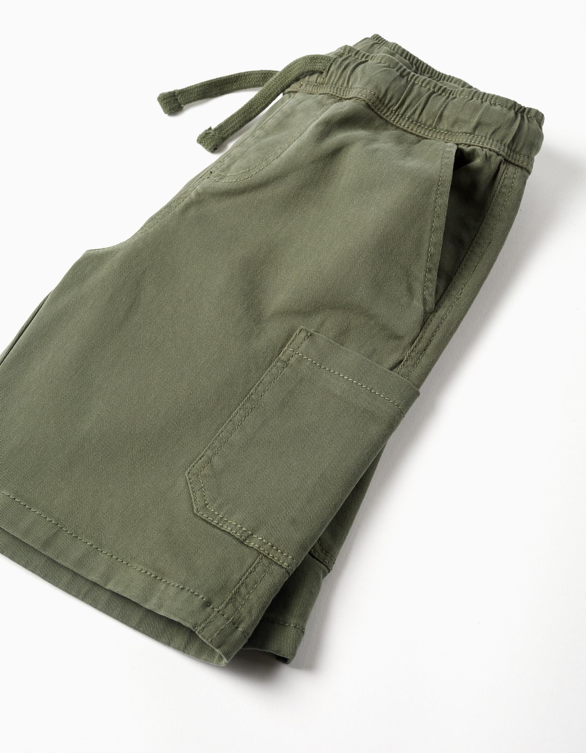 Bermudas largas cargo de sarga con cordón para niño, verde oscuro