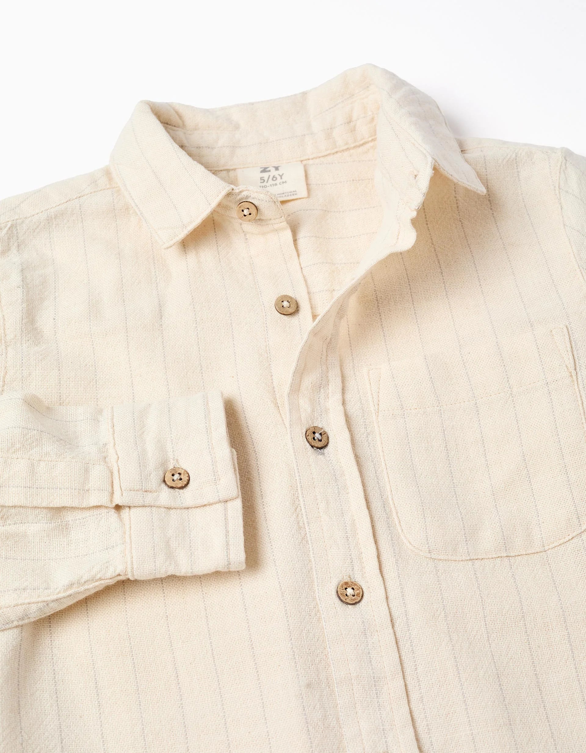 Camisa de lino de manga larga a rayas para niño, beige claro