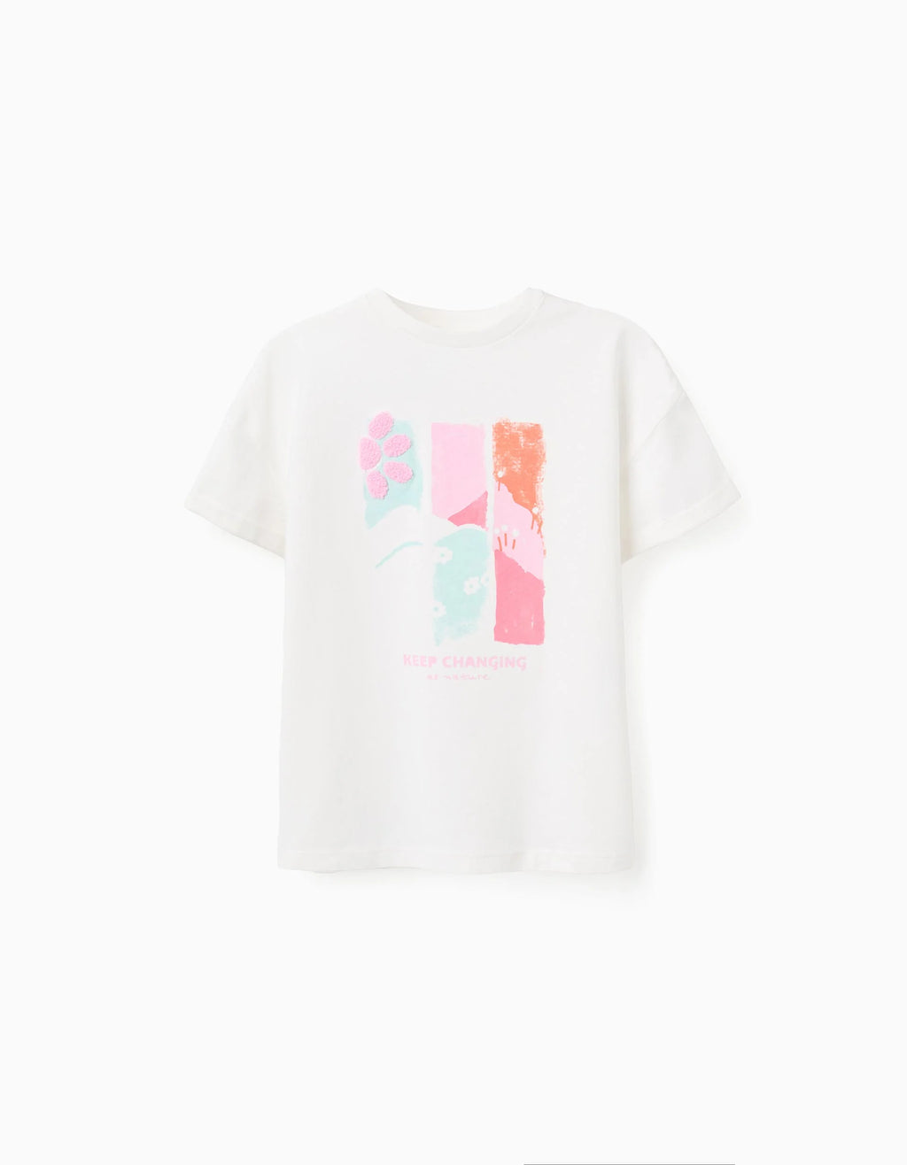 Camiseta de algodón con estampado en relieve y bordado para niña, blanco