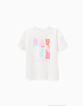 Camiseta de algodón con estampado en relieve y bordado para niña, blanco