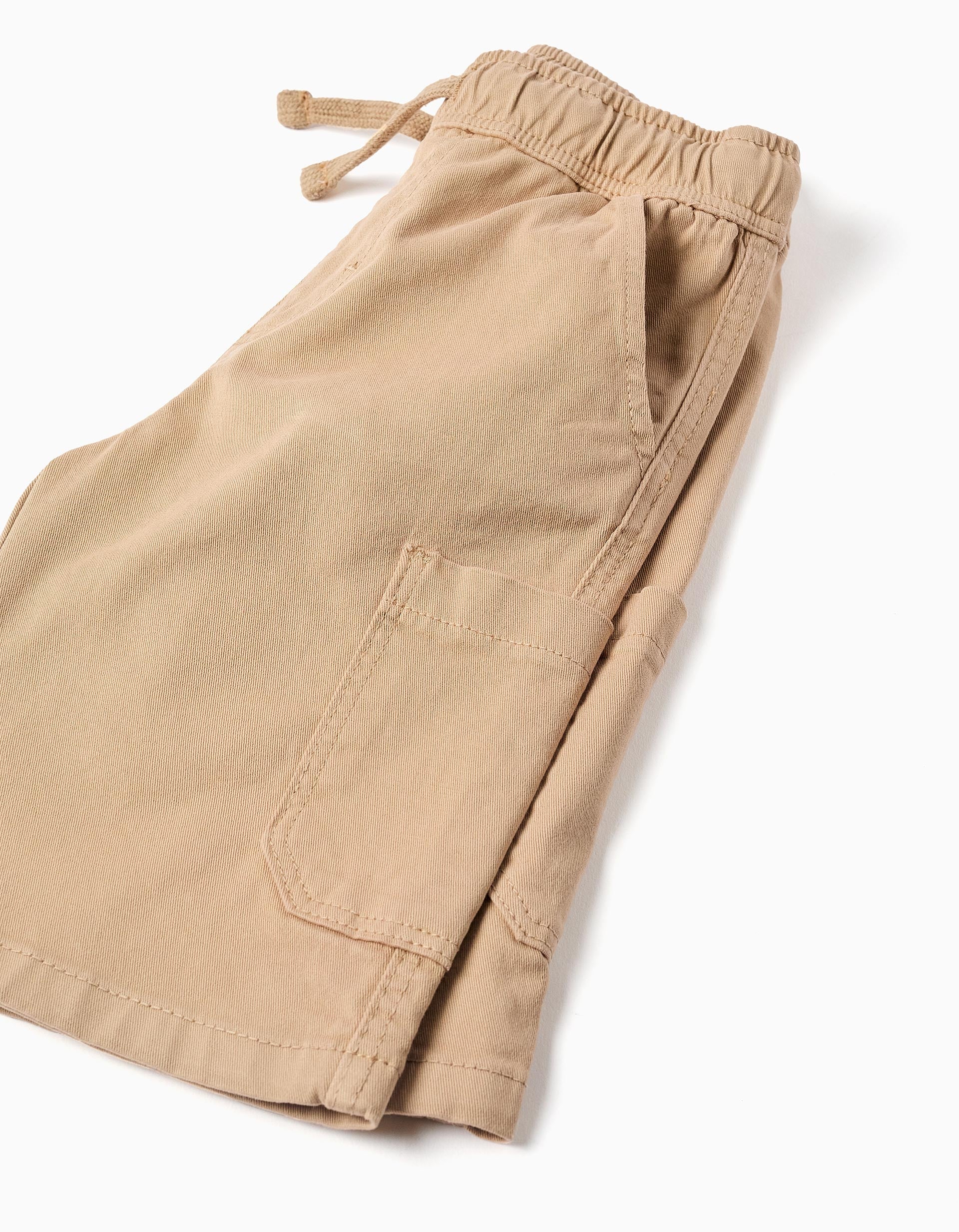 Bermudas largas cargo de sarga con cordón para niño, beige