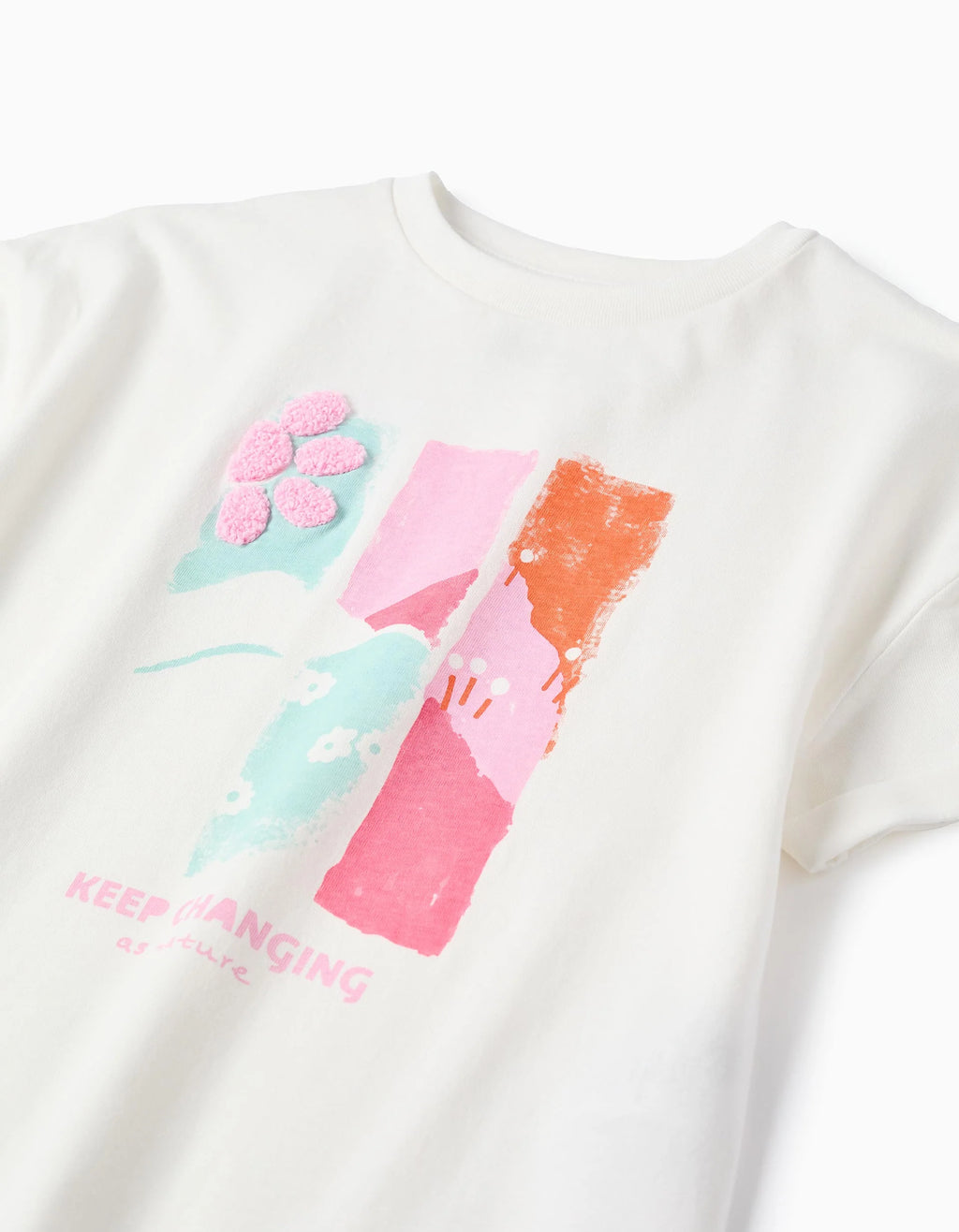 Camiseta de algodón con estampado en relieve y bordado para niña, blanco