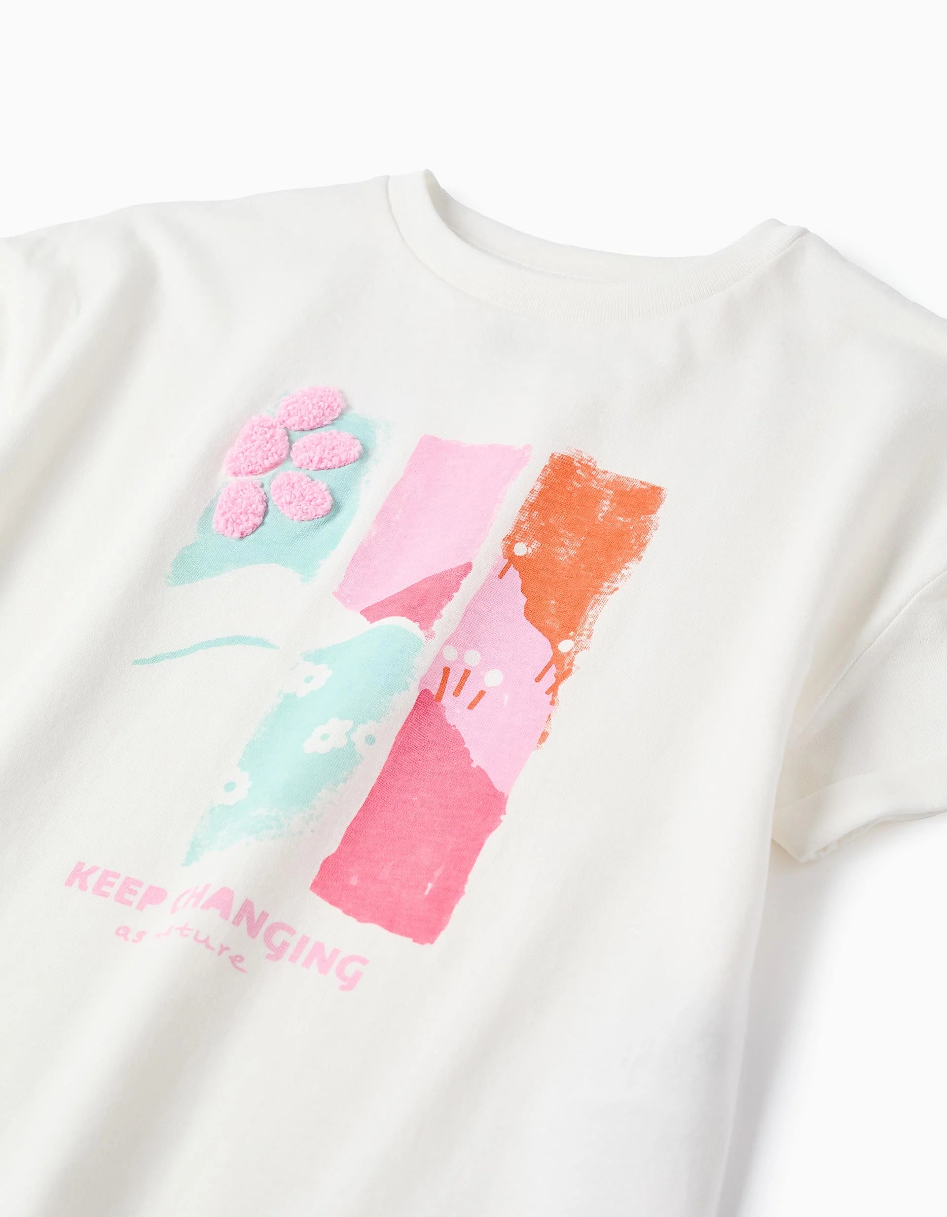 Camiseta de algodón con estampado en relieve y bordado para niña, blanco