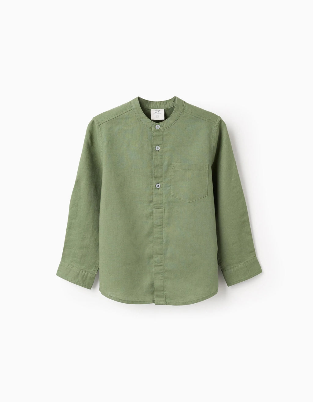 Camisa de manga larga en lino con cuello mao para niño, verde