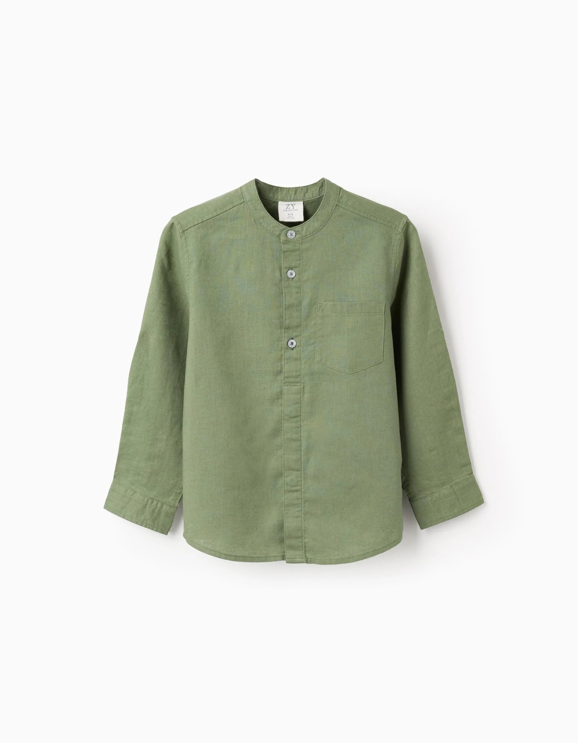 Camisa de manga larga en lino con cuello mao para niño, verde