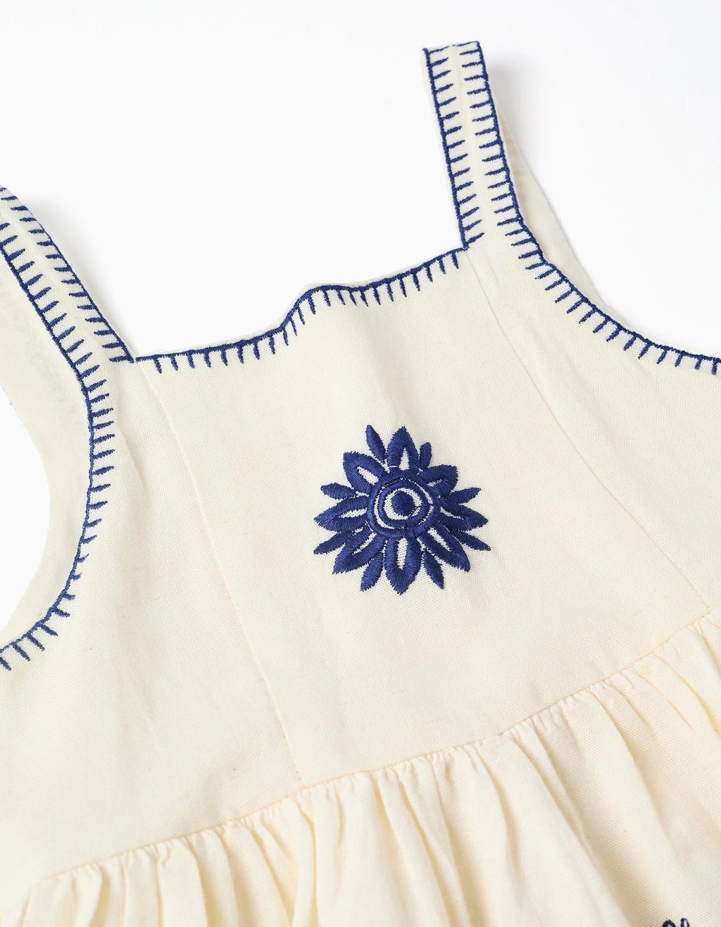 Vestido sin mangas de algodón y lino con flores para niña, beige/azul